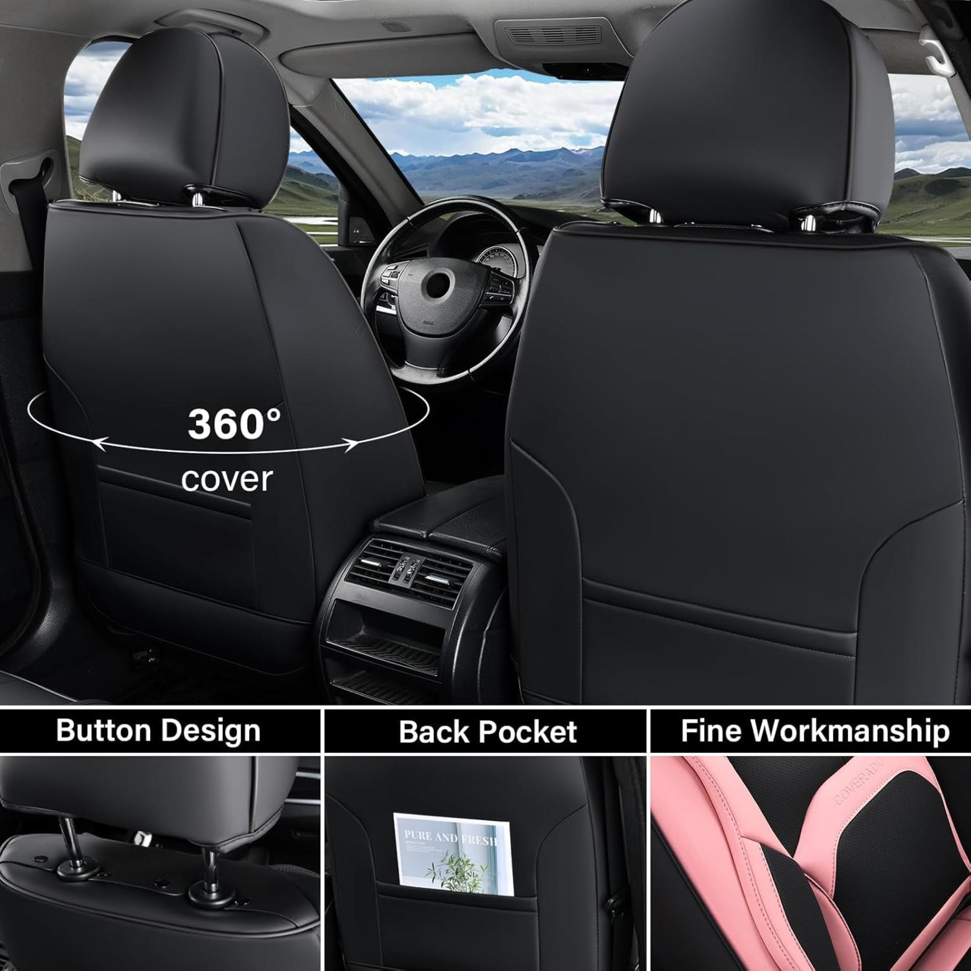 Nappa Leather Car Seat Covers Front Seats, Waterproof Universal Fit with Lumbar Support (Black & Pink) - 2