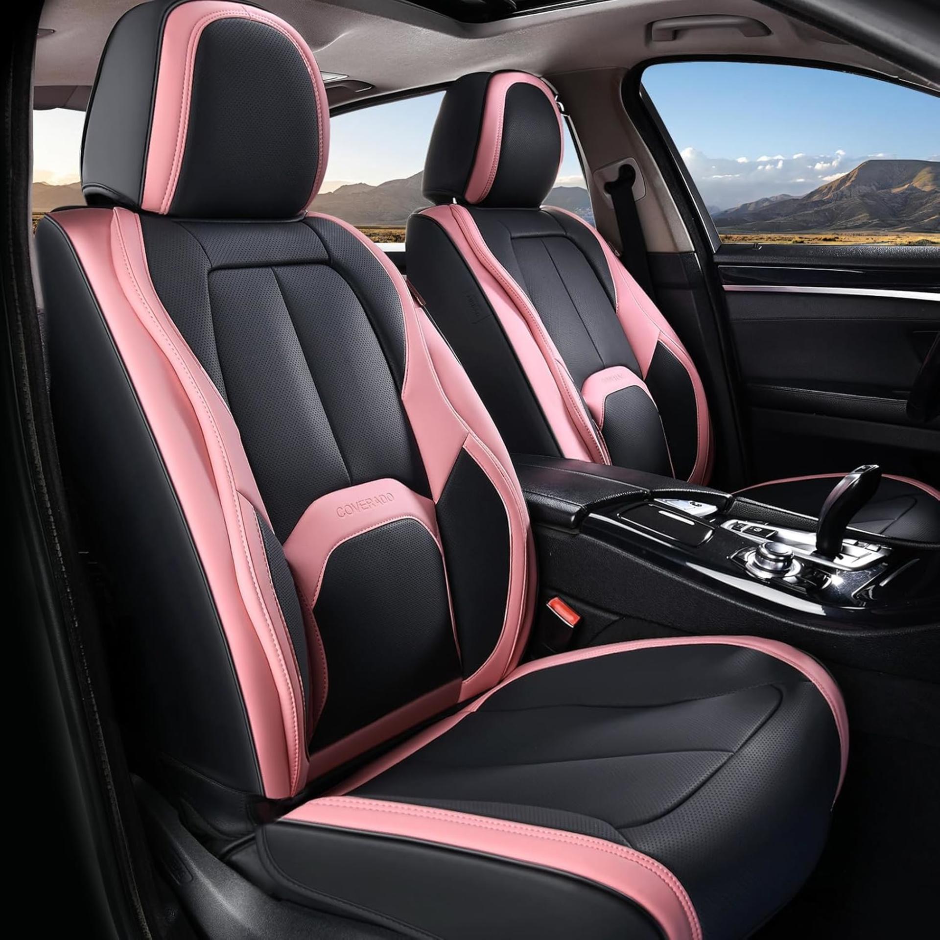 Nappa Leather Car Seat Covers Front Seats, Waterproof Universal Fit with Lumbar Support (Black & Pink) - 9