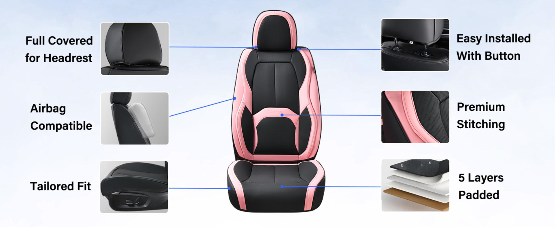 Nappa Leather Car Seat Covers Front Seats, Waterproof Universal Fit with Lumbar Support (Black & Pink) detail 3