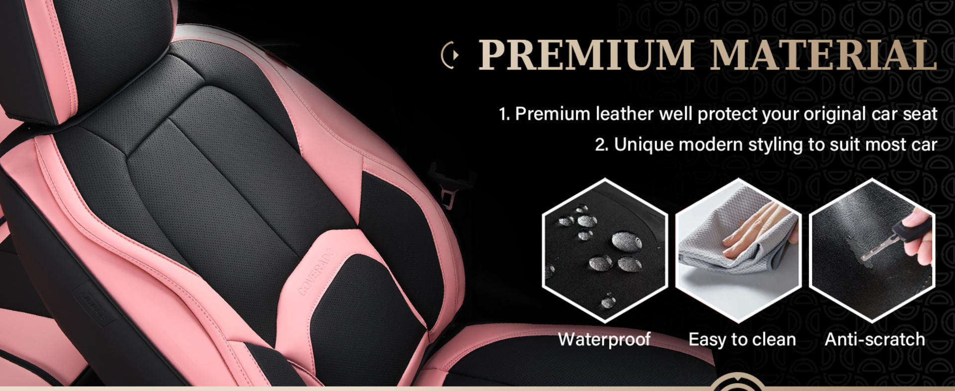 Nappa Leather Car Seat Covers Front Seats, Waterproof Universal Fit with Lumbar Support (Black & Pink) detail 4