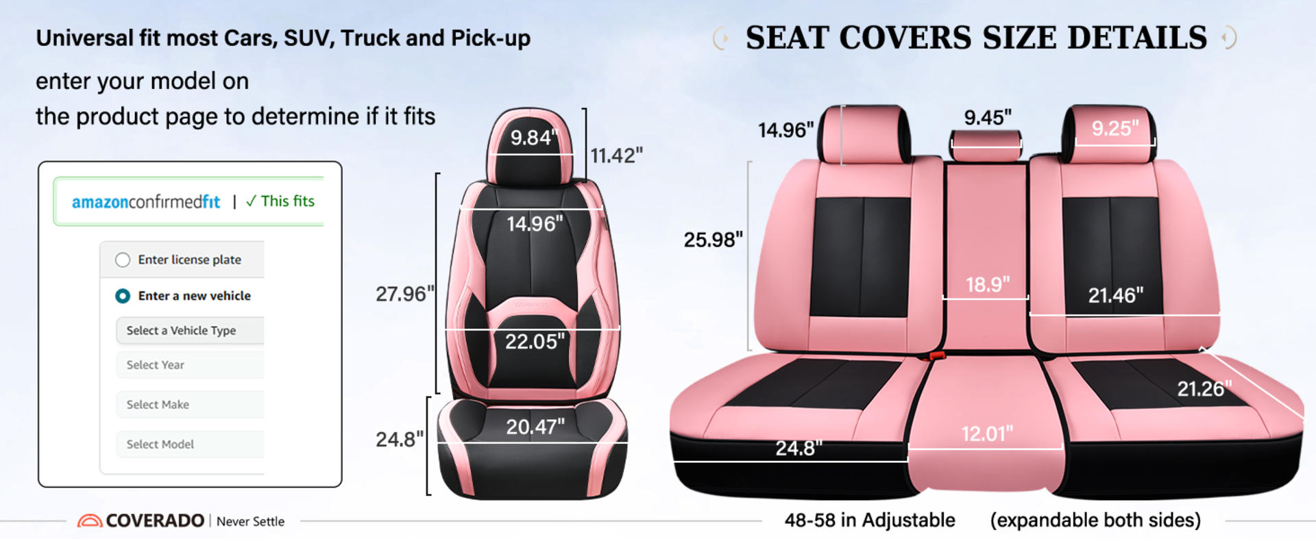 Nappa Leather Car Seat Covers Front Seats, Waterproof Universal Fit with Lumbar Support (Black & Pink) detail 9