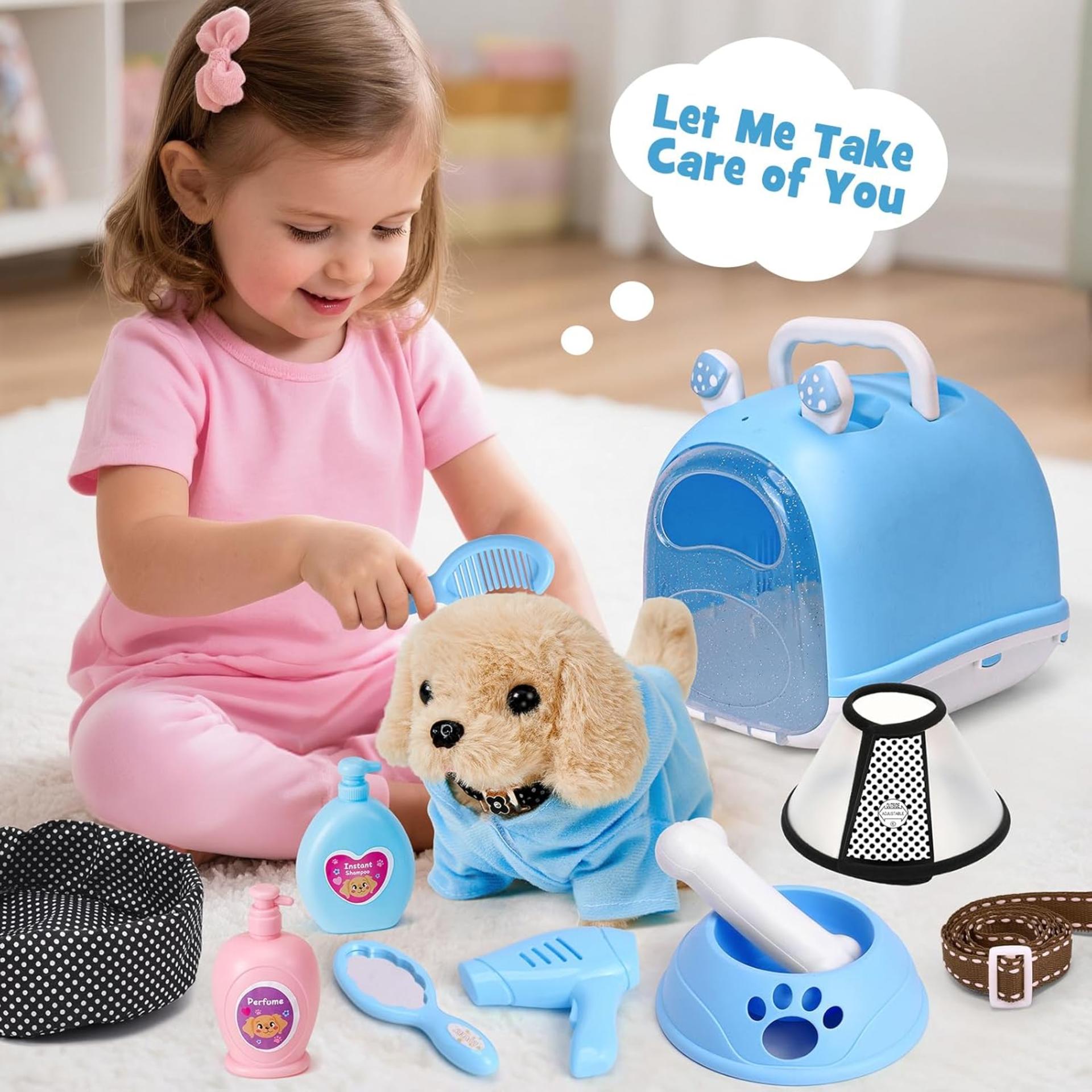 14pcs Robot Dog Toy Set for Kids, Interactive Electronic Plush Puppy with Carrier & Vet Accessories - 2