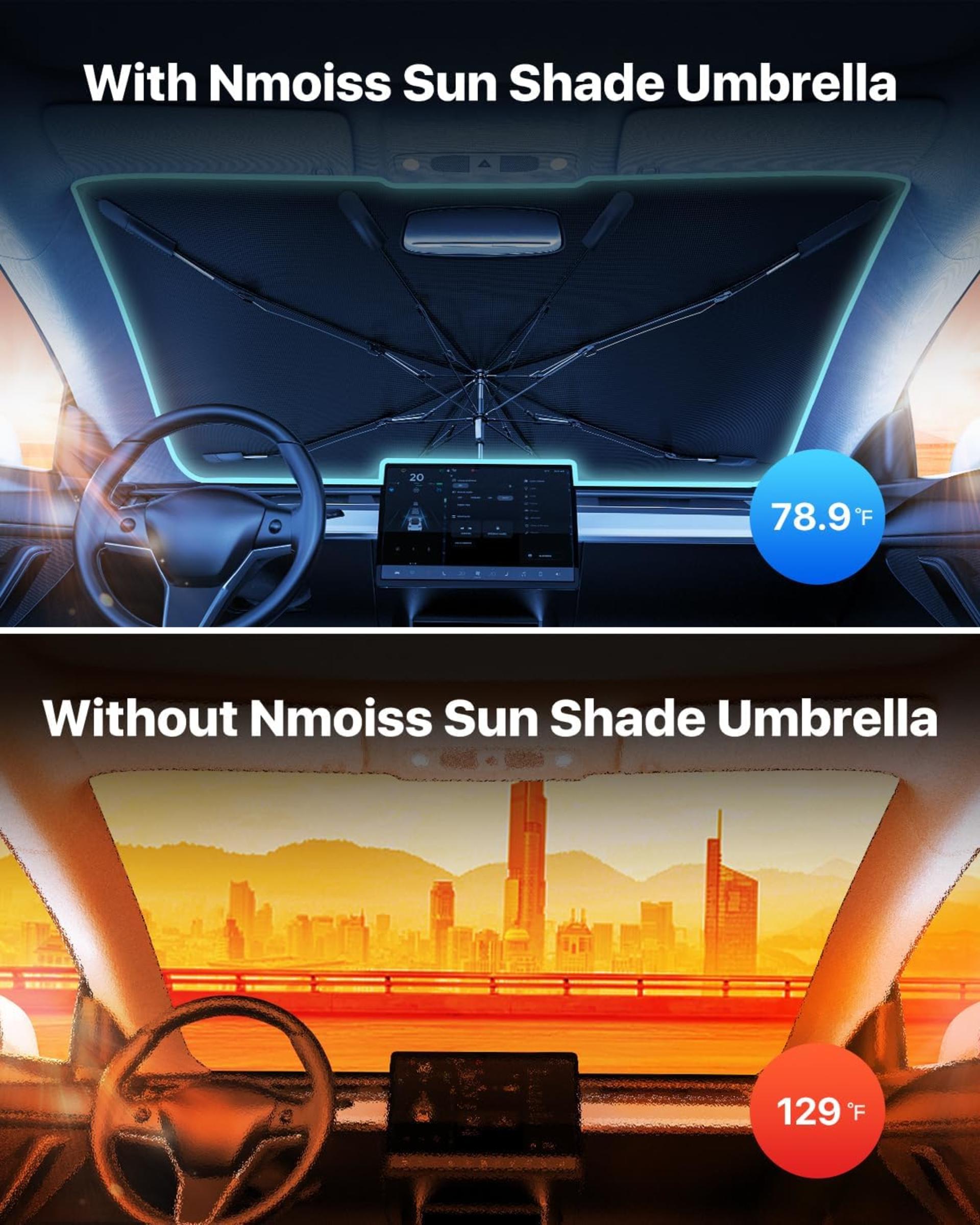 [Upgraded] Windshield Sun Shade Umbrella - Vinyl Coating Heat Shield, Spring Structure Edge, 56" L x 31" W - 2