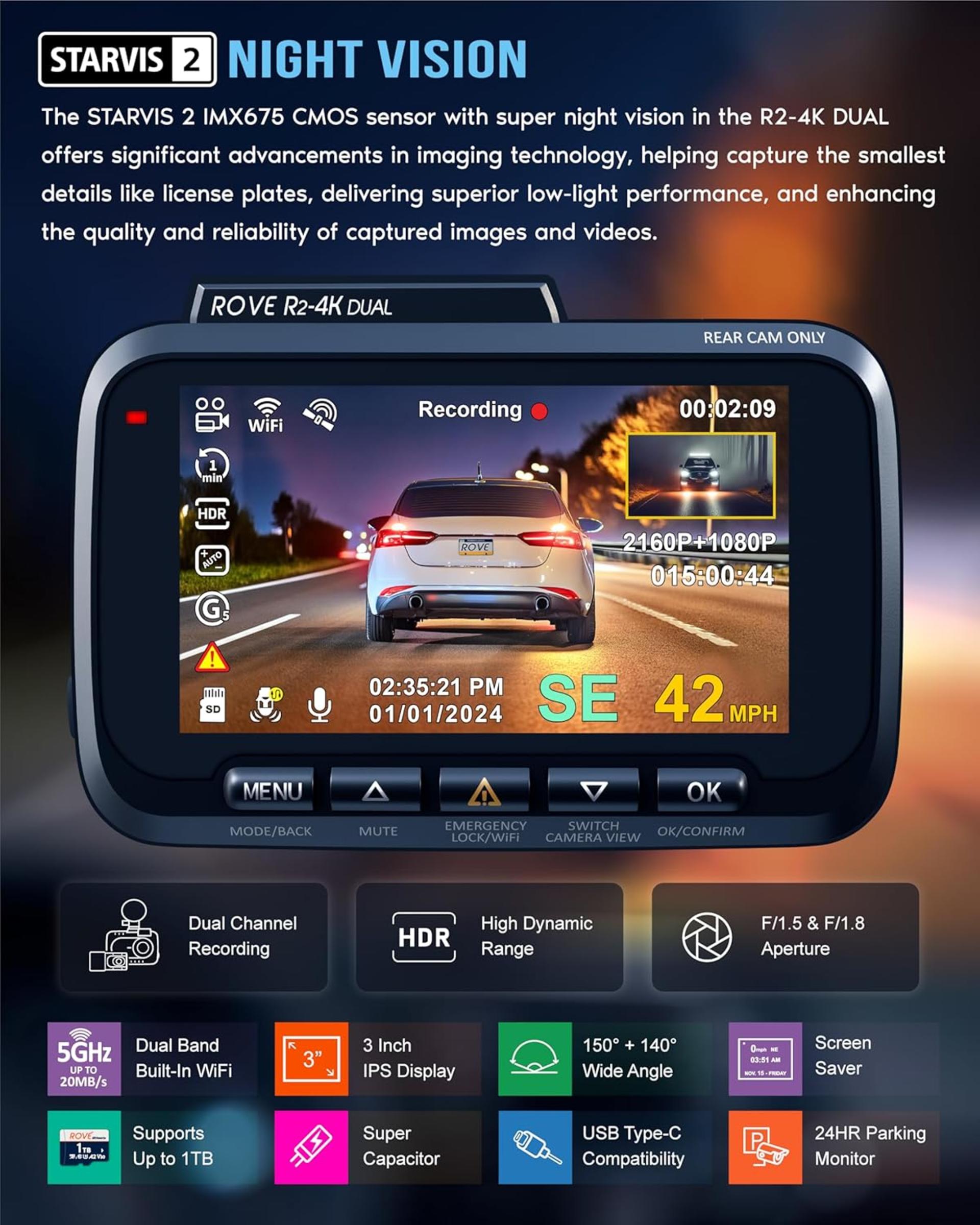 4K Dual Dash Cam Front and Rear with 5G WiFi, STARVIS 2 Sensor, 128GB Card - 4