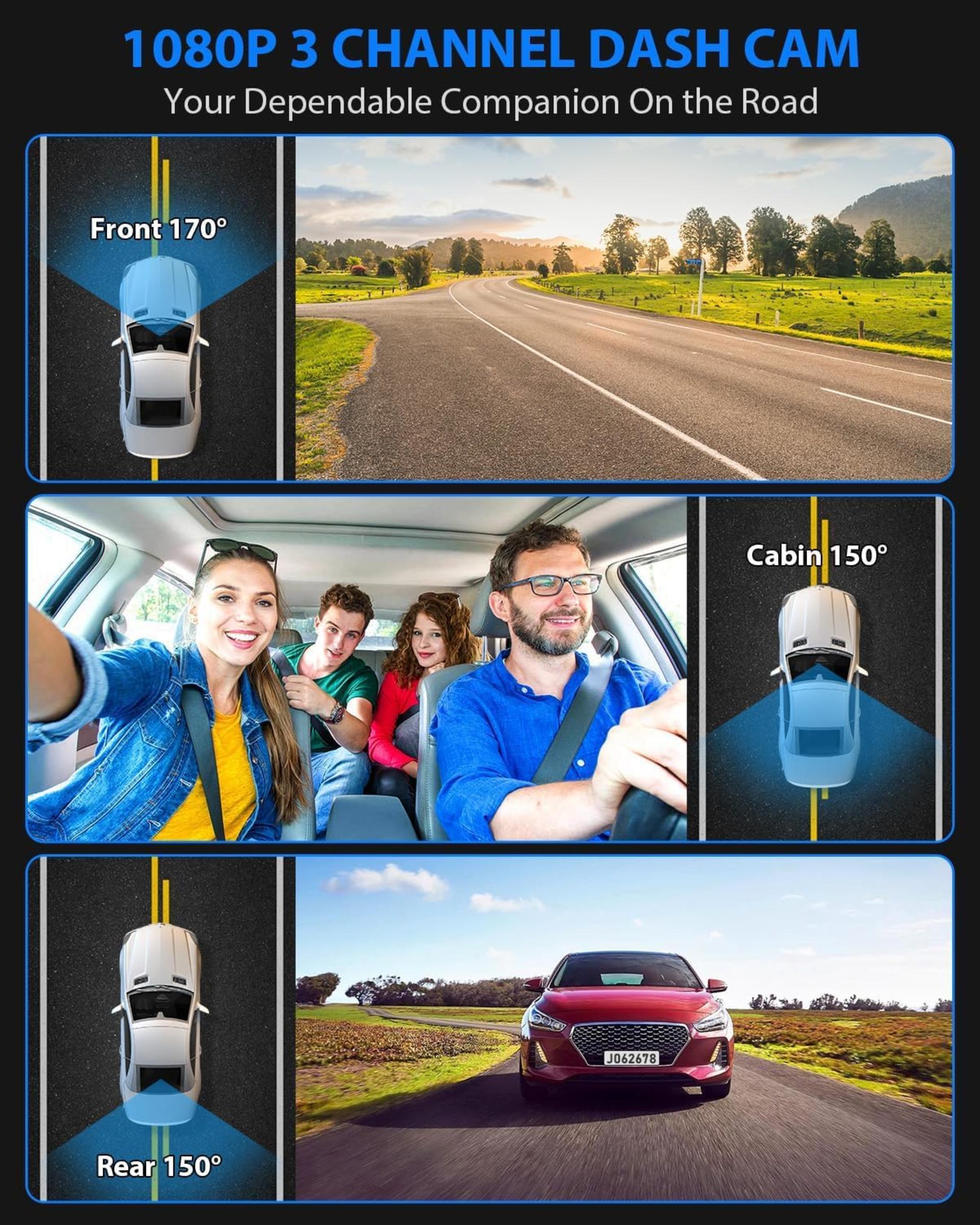3 Channel Dash Cam Front Rear and Inside, 1080P Triple Car Camera with 32GB Card - 2