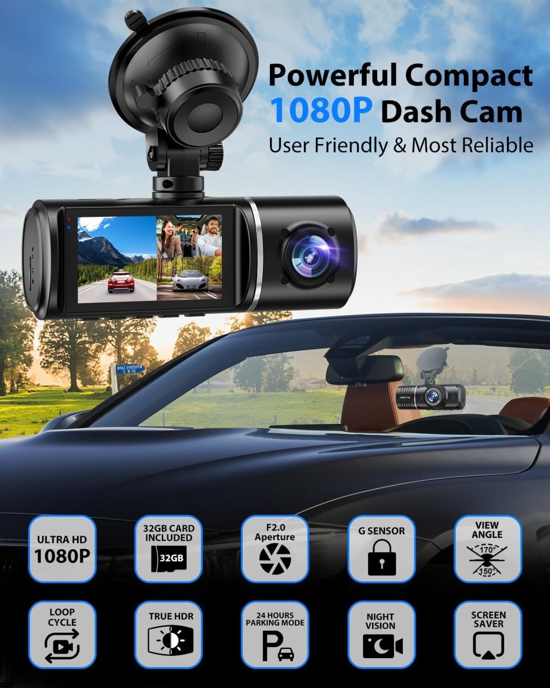 3 Channel Dash Cam Front Rear and Inside, 1080P Triple Car Camera with 32GB Card - 3