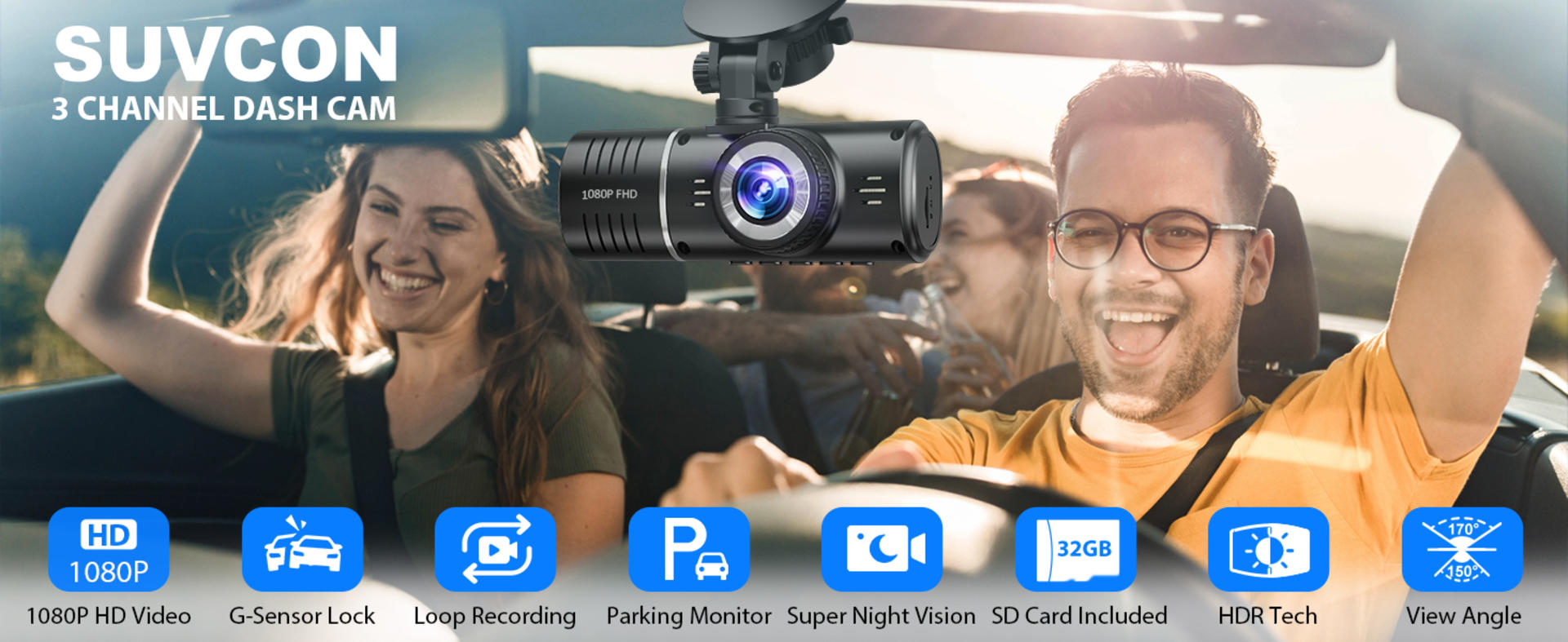 3 Channel Dash Cam Front Rear and Inside, 1080P Triple Car Camera with 32GB Card detail 1