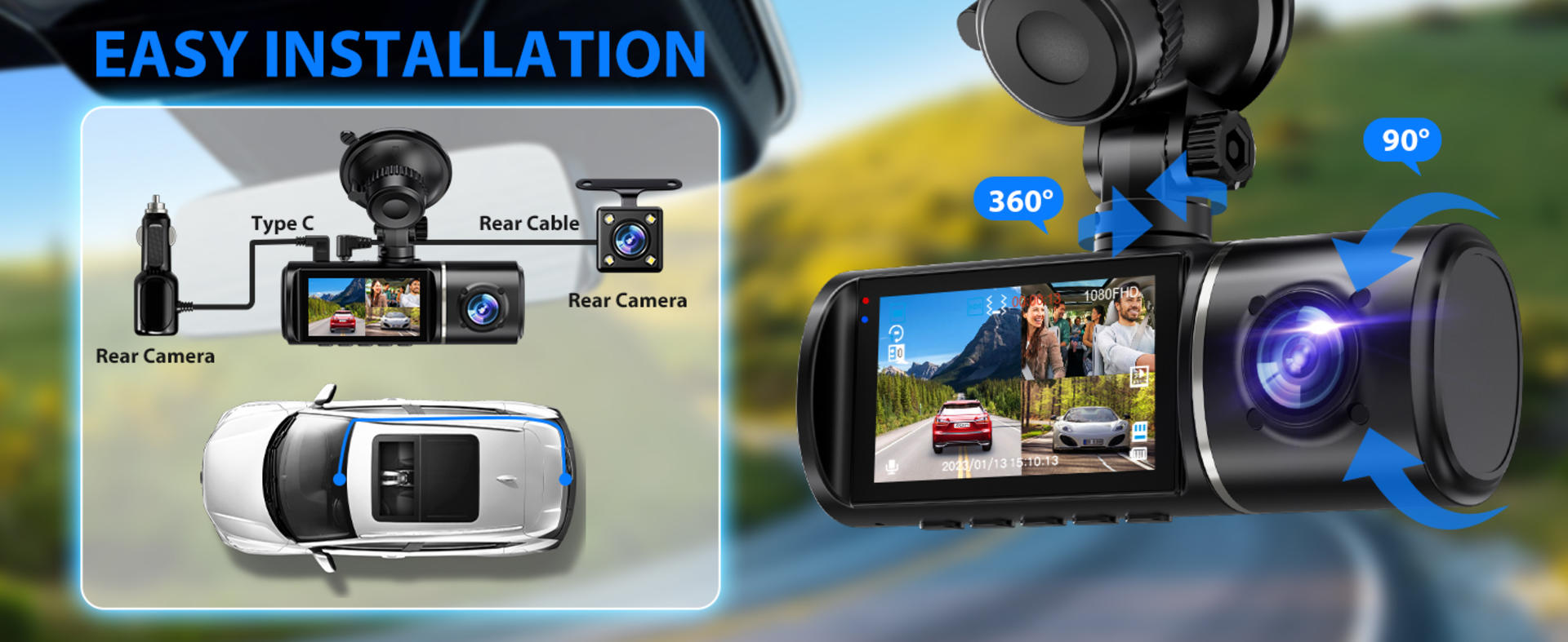 3 Channel Dash Cam Front Rear and Inside, 1080P Triple Car Camera with 32GB Card detail 10