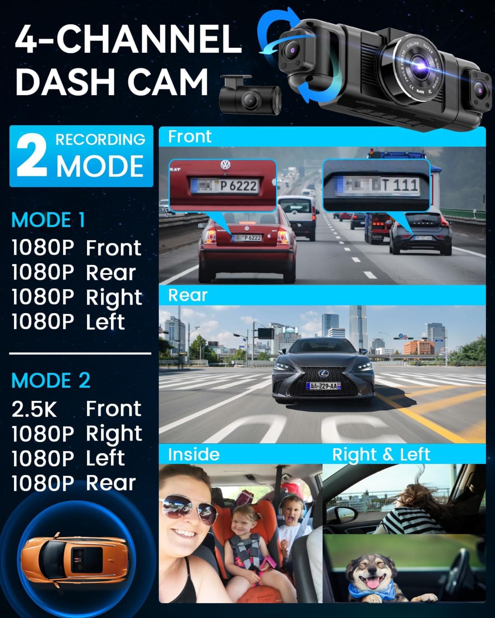 4 Channel Dash Cam 360° View, 1080P Front Rear and Sides Car Camera with 128GB Card - 3