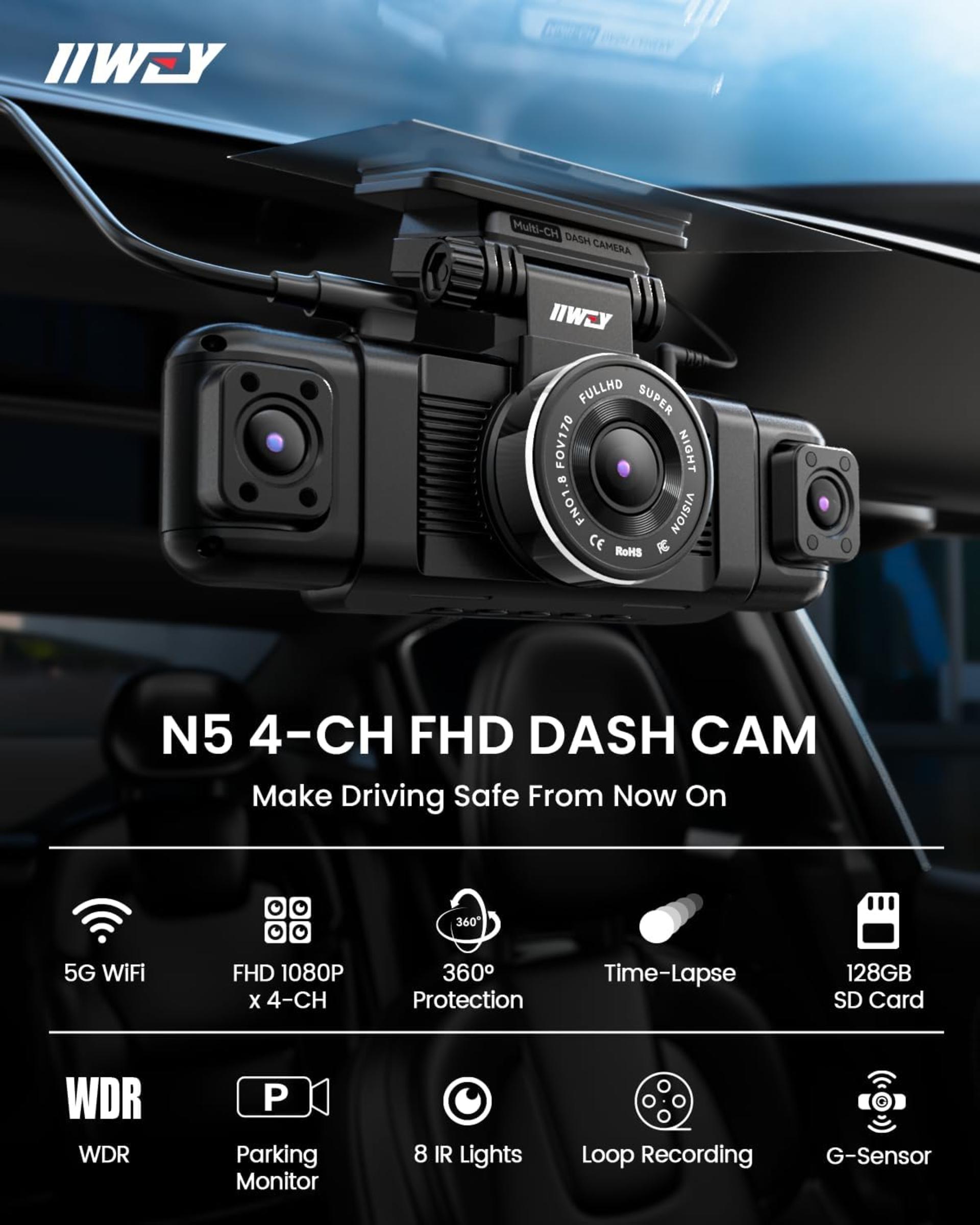 4 Channel Dash Cam 360° View, 1080P Front Rear and Sides Car Camera with 128GB Card - 2