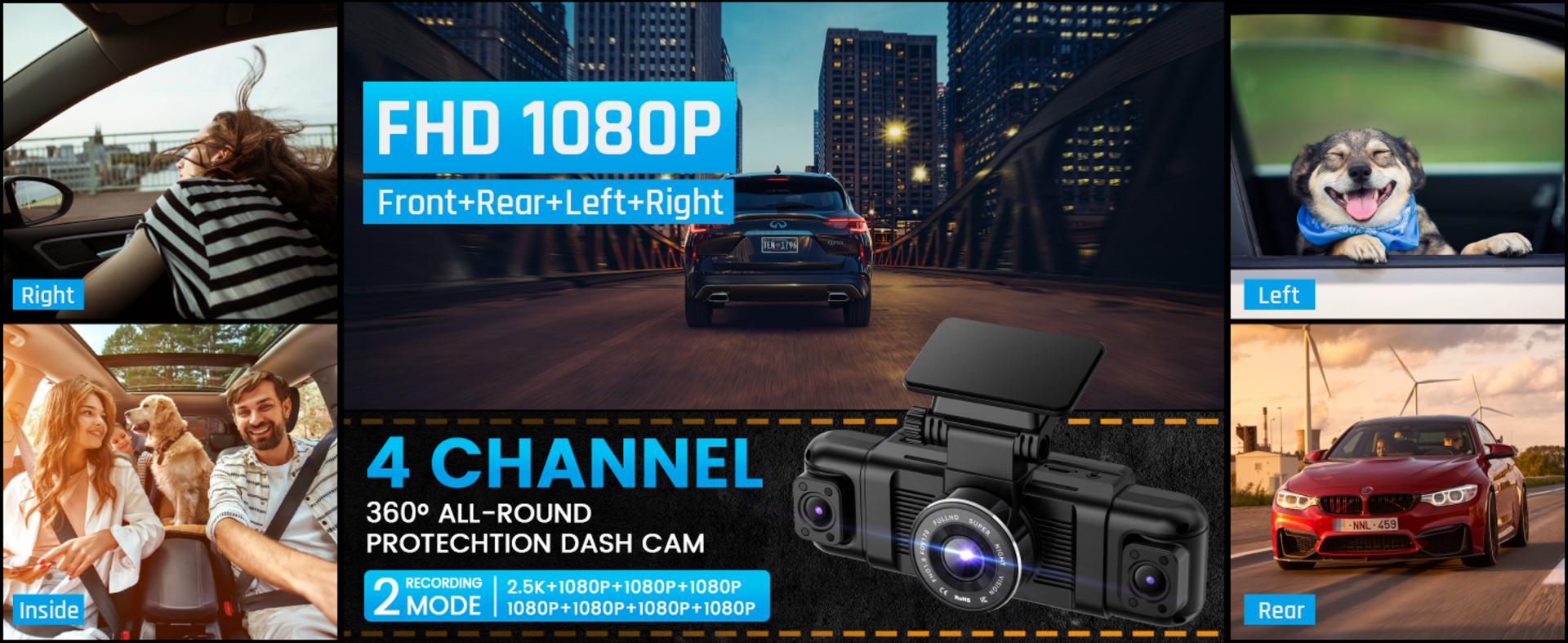 4 Channel Dash Cam 360° View, 1080P Front Rear and Sides Car Camera with 128GB Card detail 1