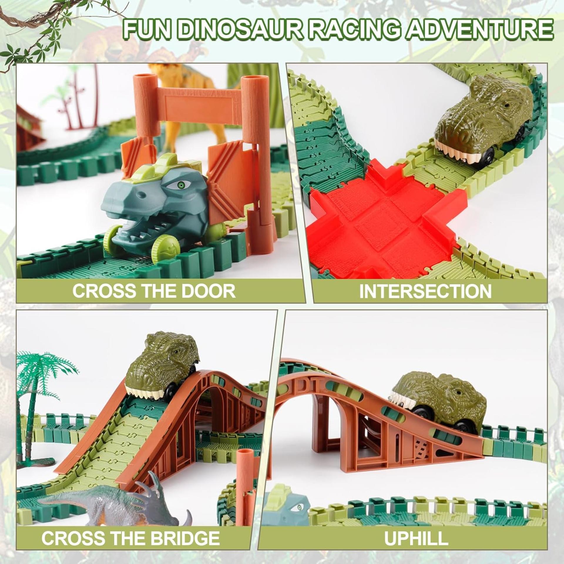 Dinosaur Race Car Track Set with Light & Sound - 217 Piece Prehistoric World Road Race for Boys & Girls - 3