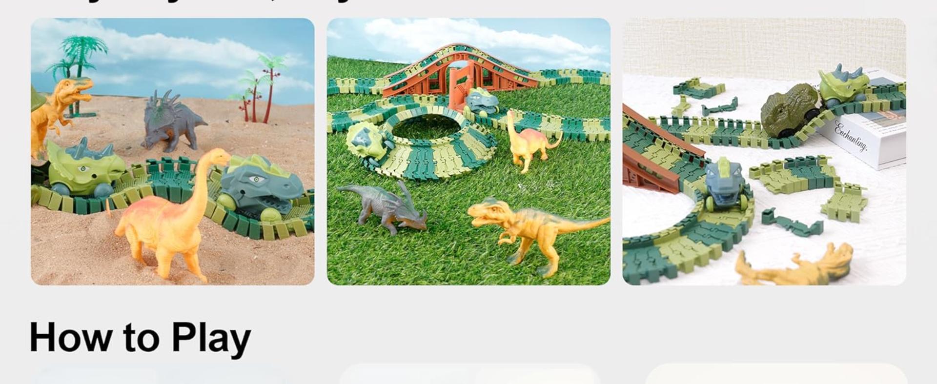 Dinosaur Race Car Track Set with Light & Sound - 217 Piece Prehistoric World Road Race for Boys & Girls detail 3