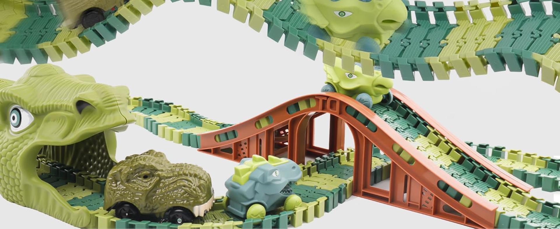Dinosaur Race Car Track Set with Light & Sound - 217 Piece Prehistoric World Road Race for Boys & Girls detail 6