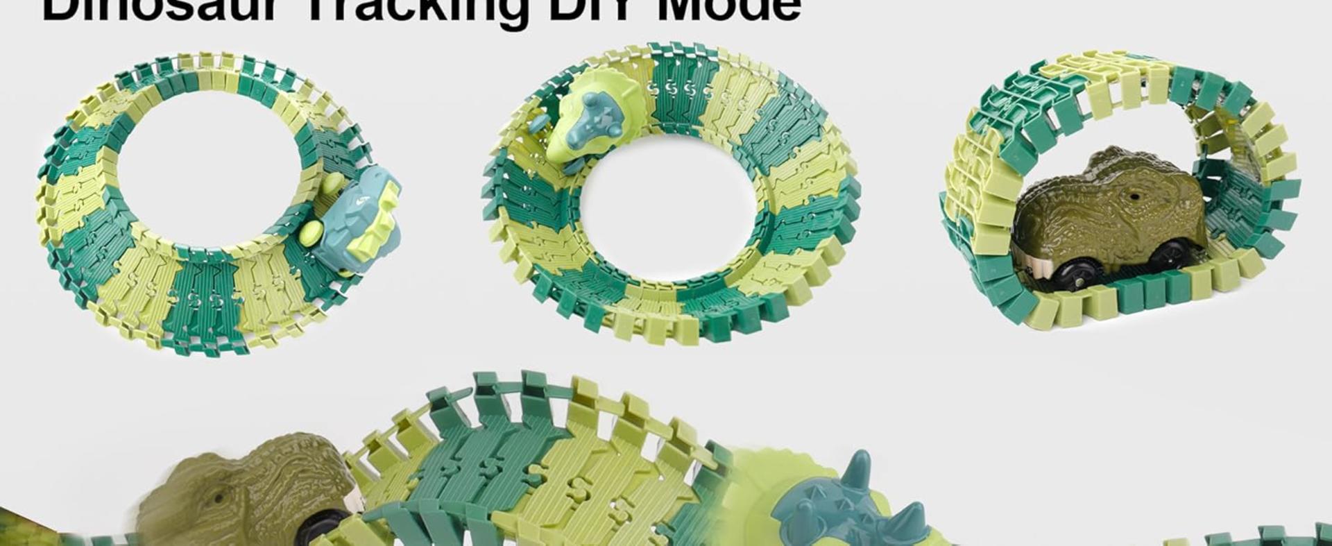 Dinosaur Race Car Track Set with Light & Sound - 217 Piece Prehistoric World Road Race for Boys & Girls detail 5