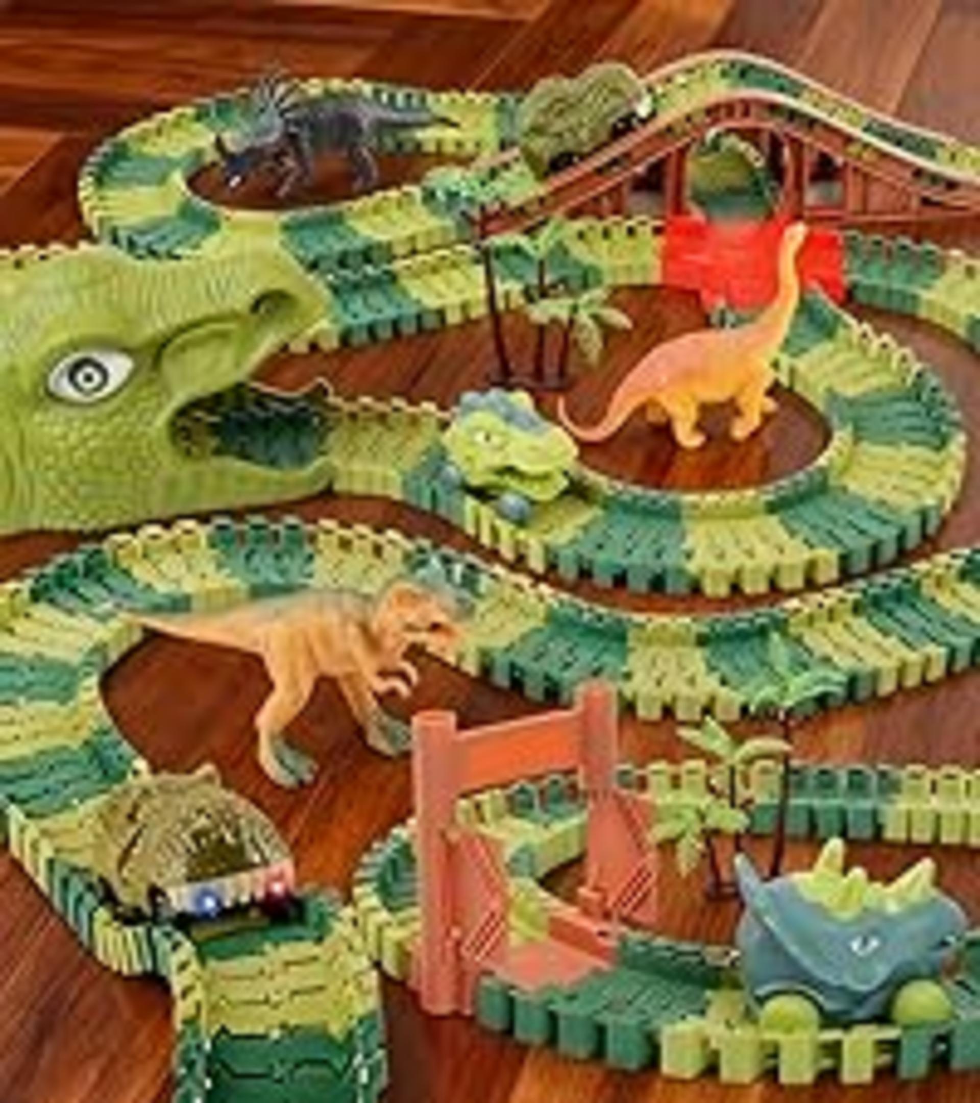 Dinosaur Race Car Track Set with Light & Sound - 217 Piece Prehistoric World Road Race for Boys & Girls detail 7