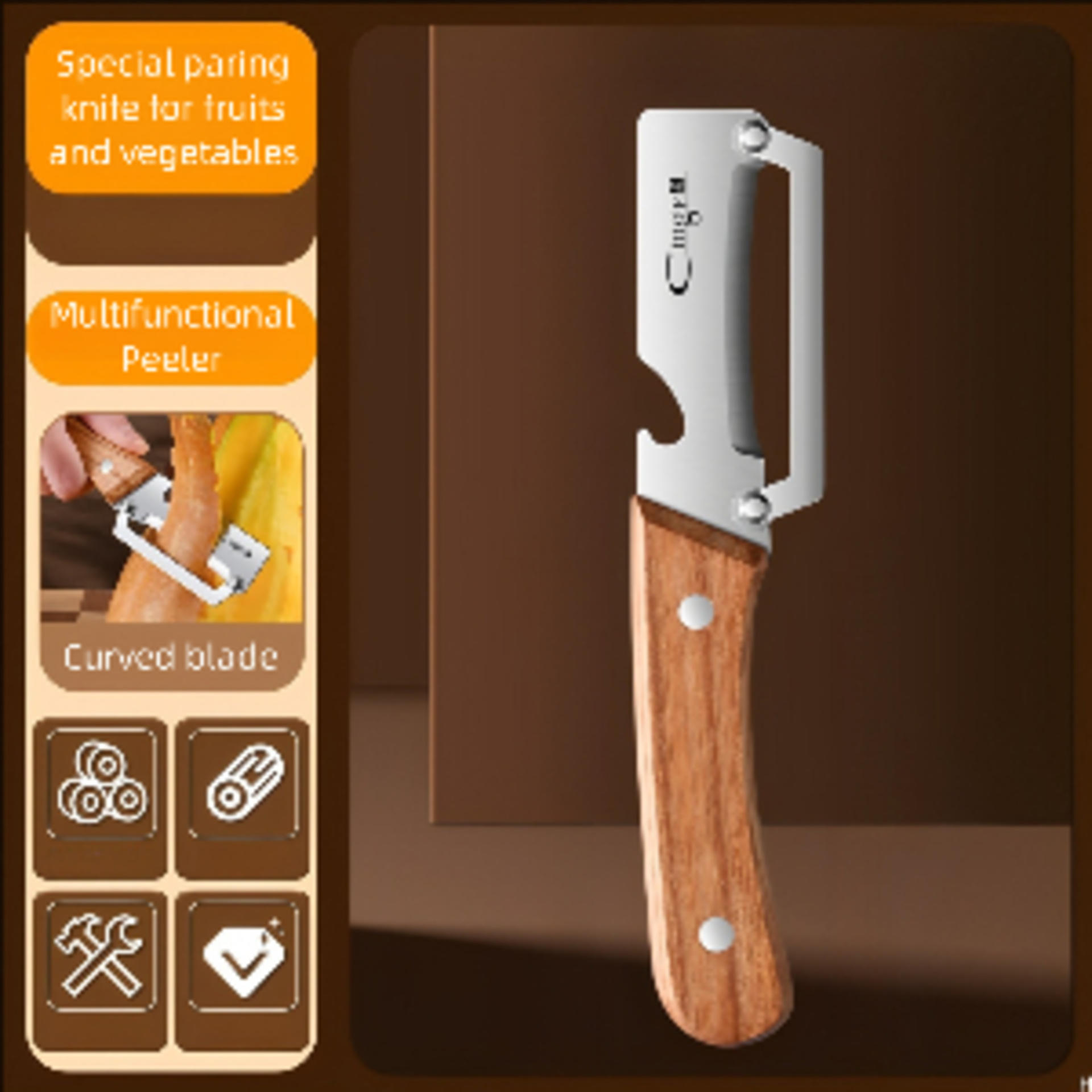 Premium Vegetable Peeler with Wooden Handle and Bottle Opener, Stainless Steel Blade Kitchen Tool detail 2