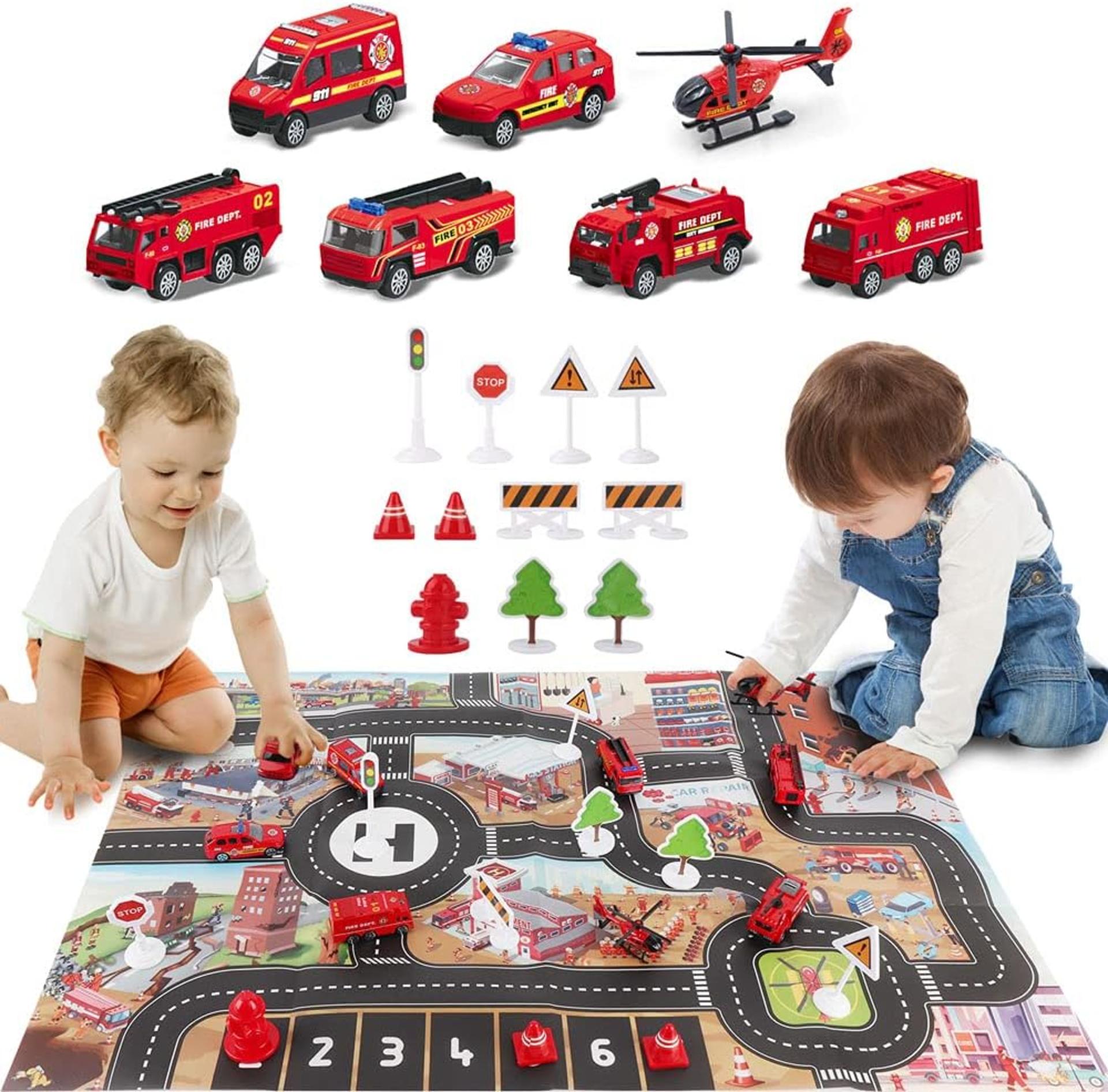 Airplane Toy Set with Fire Truck Cars and Play Mat for Boys and Girls Ages 3+ - 4