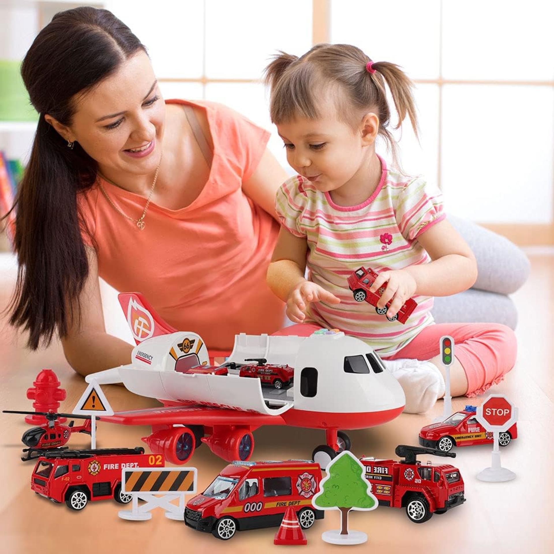 Airplane Toy Set with Fire Truck Cars and Play Mat for Boys and Girls Ages 3+ - 5
