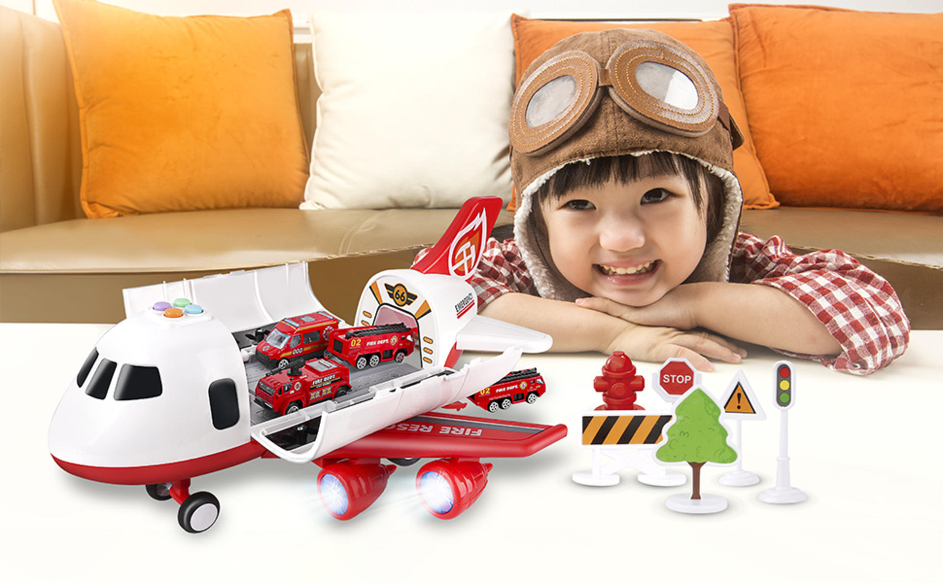 Airplane Toy Set with Fire Truck Cars and Play Mat for Boys and Girls Ages 3+ detail 1