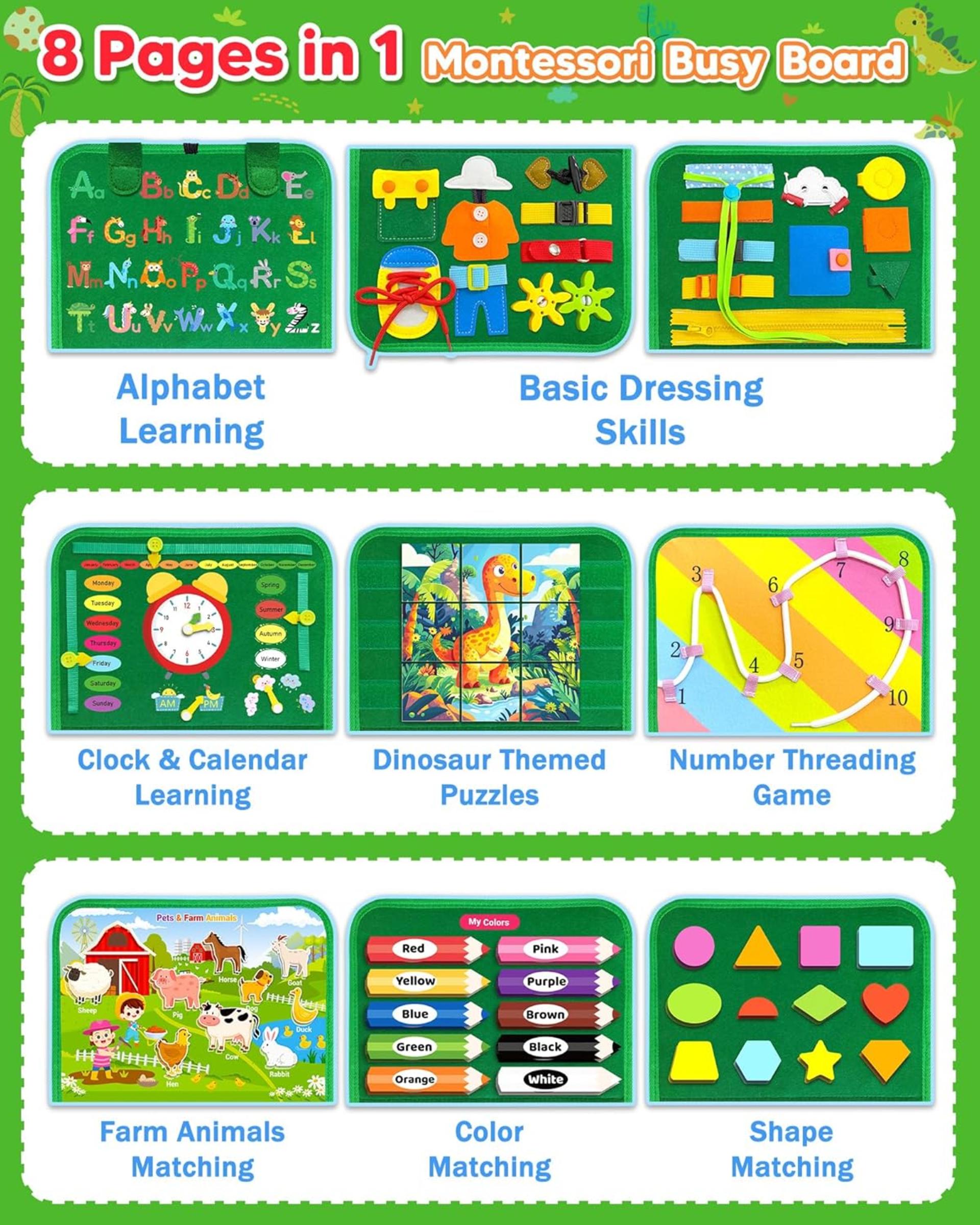 8-Page Montessori Busy Board for Toddlers - Sensory Learning & Fine Motor Skills Toy - 3