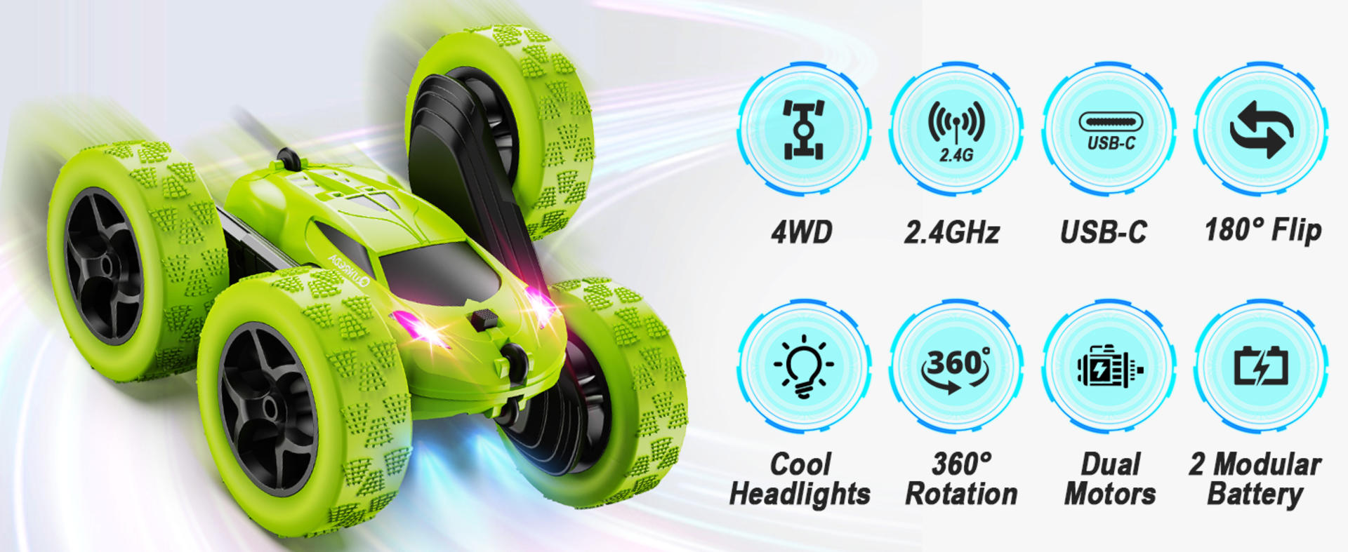 Remote Control Stunt Car for Kids 6+, 4WD Double Sided 360° Rotating RC Toy with Headlights detail 2