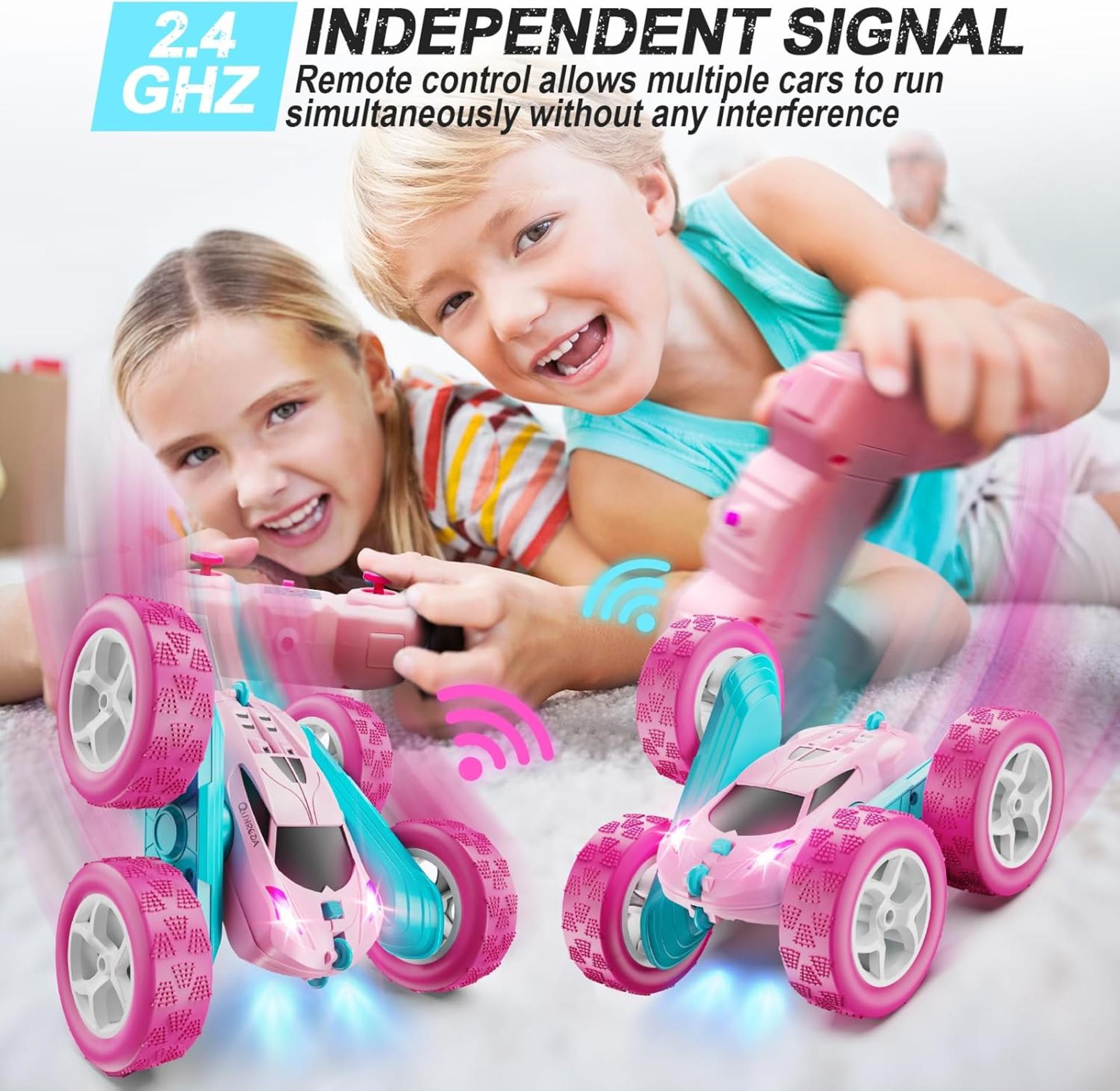 Pink Remote Control Stunt Car for Girls, 2.4GHz Double Sided 360° Rotating Crawler with Headlights - 3