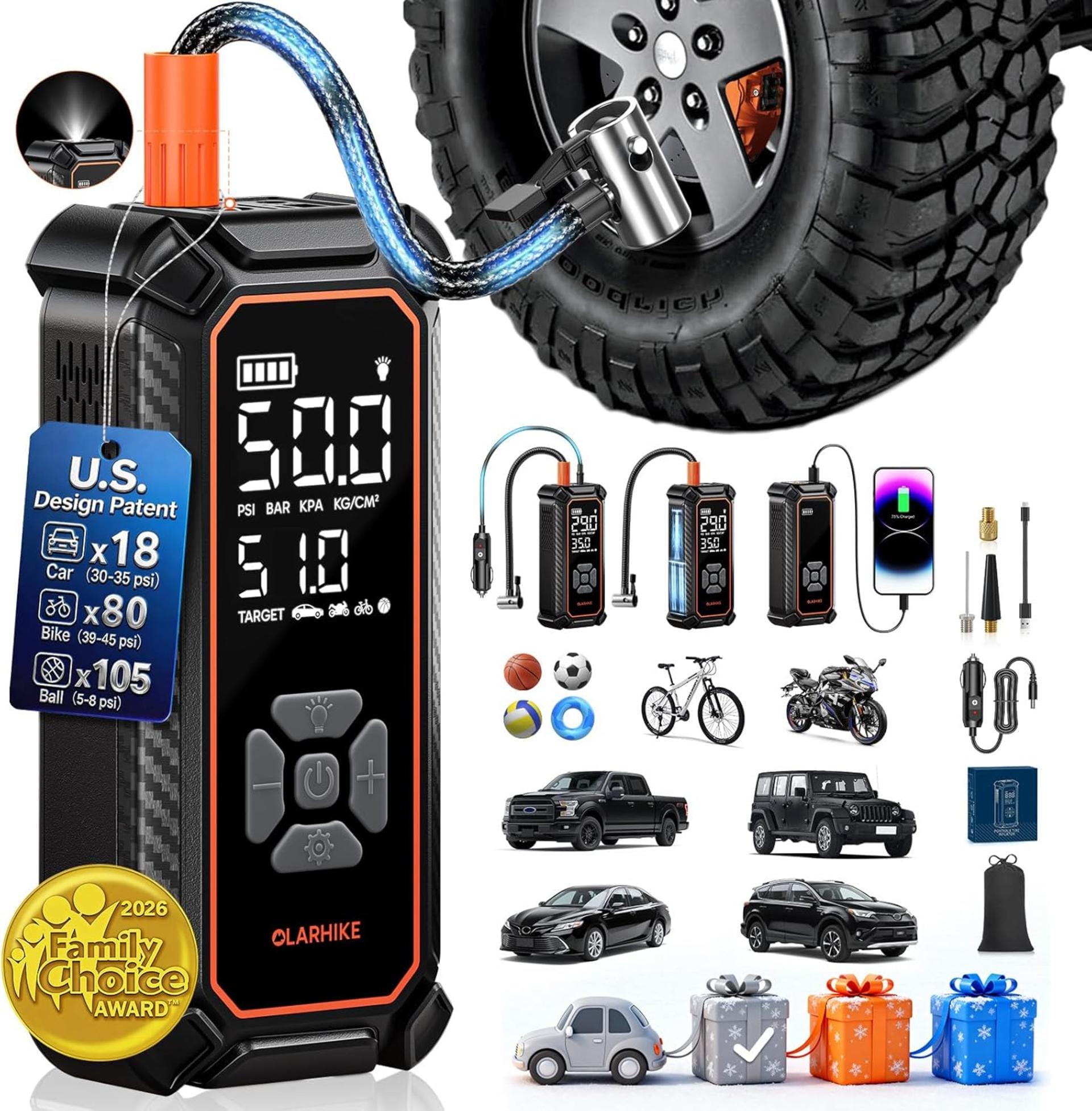 Portable Tire Inflator Air Compressor, Dual Power 6000mAh & 12V DC Cordless Pump for Car and Bike