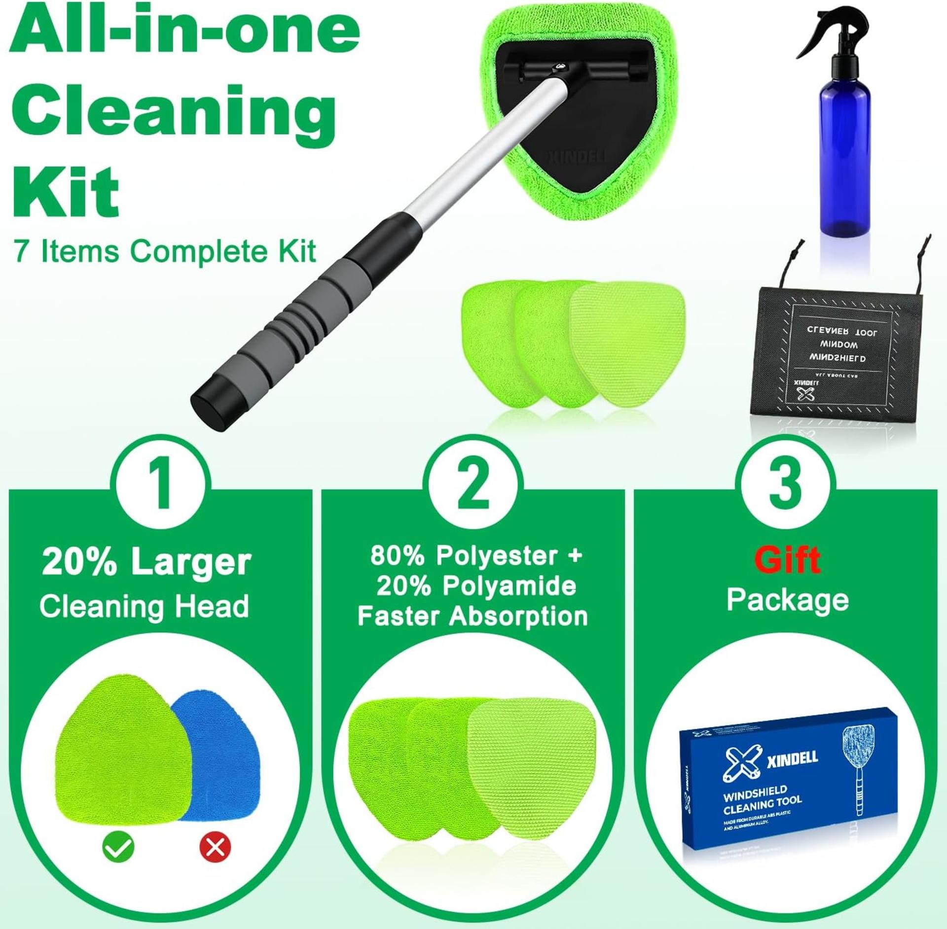 Windshield Cleaner Tool - Car Interior Window Cleaning Kit with Extendable Handle & 4 Microfiber Pads - 2