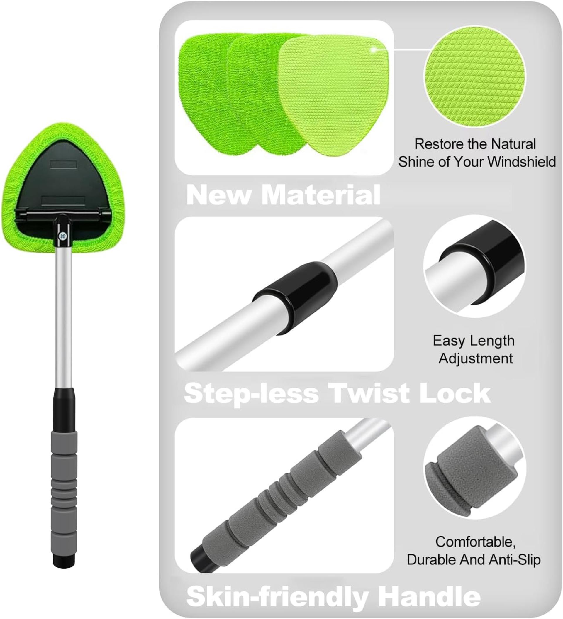 Windshield Cleaner Tool - Car Interior Window Cleaning Kit with Extendable Handle & 4 Microfiber Pads - 3