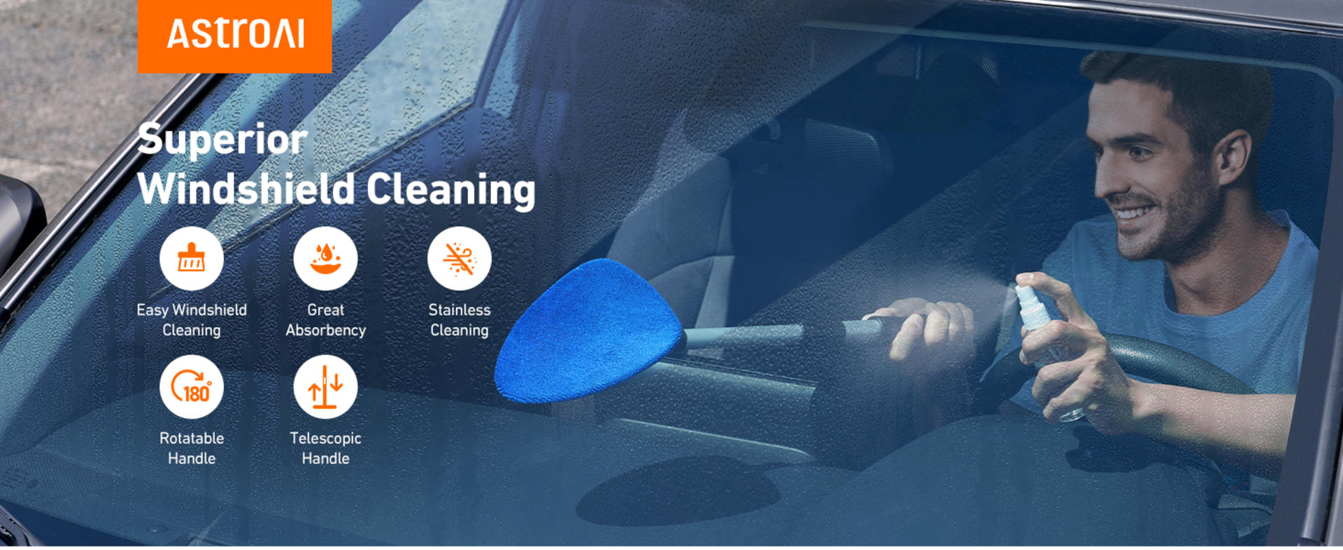 Windshield Cleaner Tool with Extendable Handle and 4 High-Density Microfiber Pads detail 1