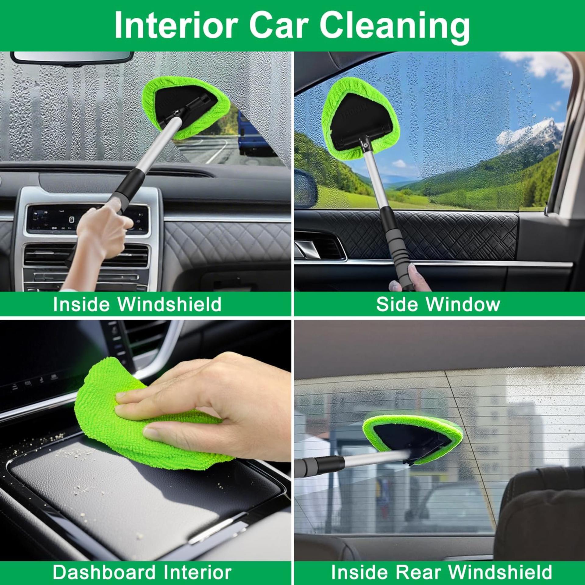 Windshield Cleaner Tool - Car Interior Window Cleaning Kit with Extendable Handle & 4 Microfiber Pads - 6