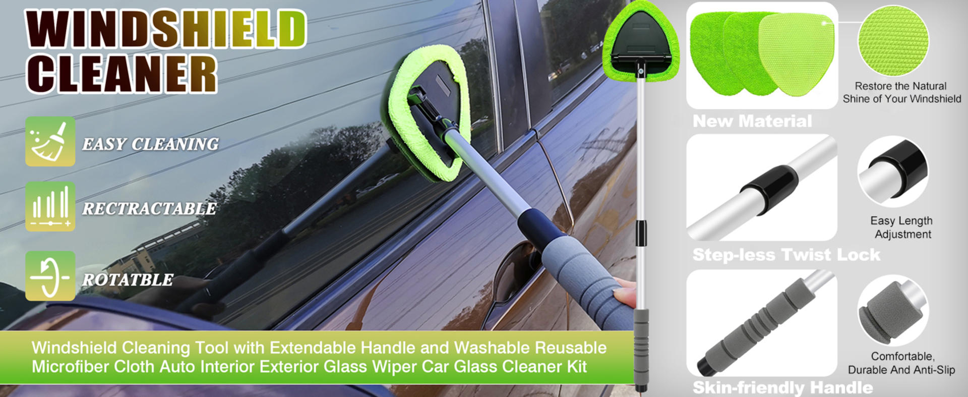 Windshield Cleaner Tool - Car Interior Window Cleaning Kit with Extendable Handle & 4 Microfiber Pads detail 1