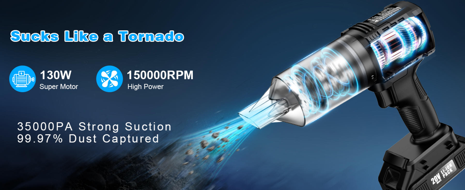 Cordless Car Vacuum, 35000PA Suction Handheld Vacuum with 2 Batteries, 60Min Runtime detail 6