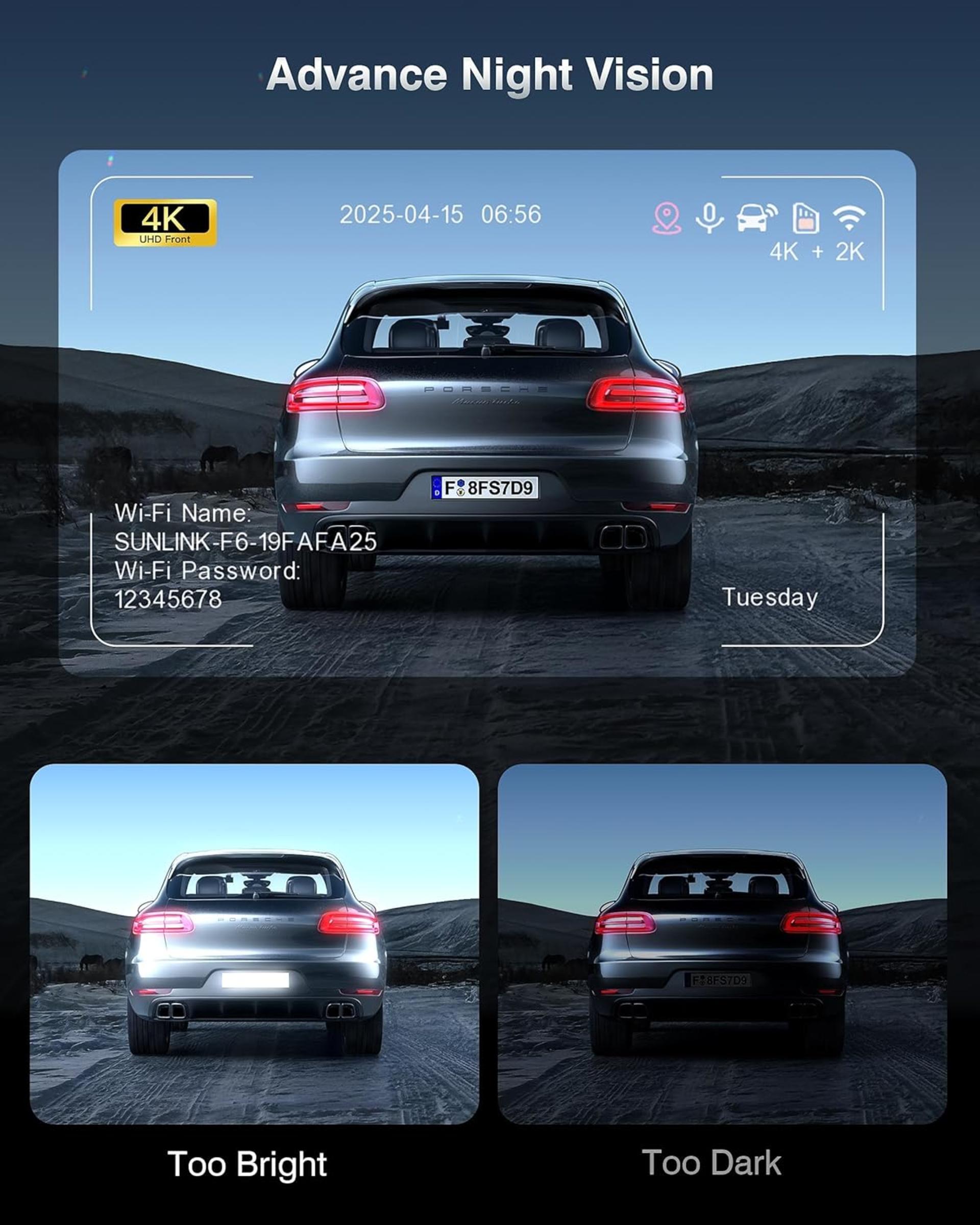 4K+2K Dual Dash Cam Front and Rear with 5.8G Wi-Fi, GPS, and 64GB Card - 2