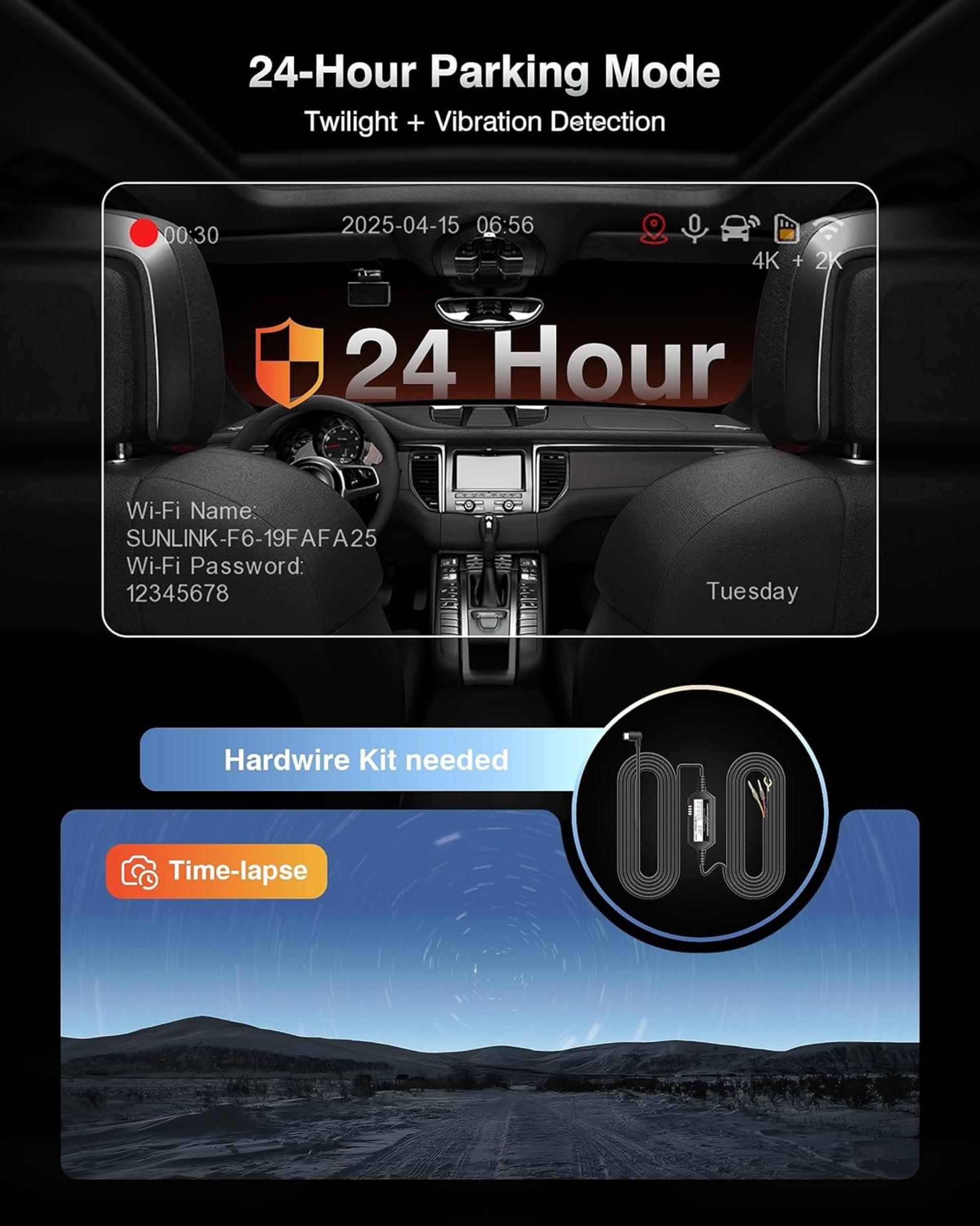 4K+2K Dual Dash Cam Front and Rear with 5.8G Wi-Fi, GPS, and 64GB Card - 4