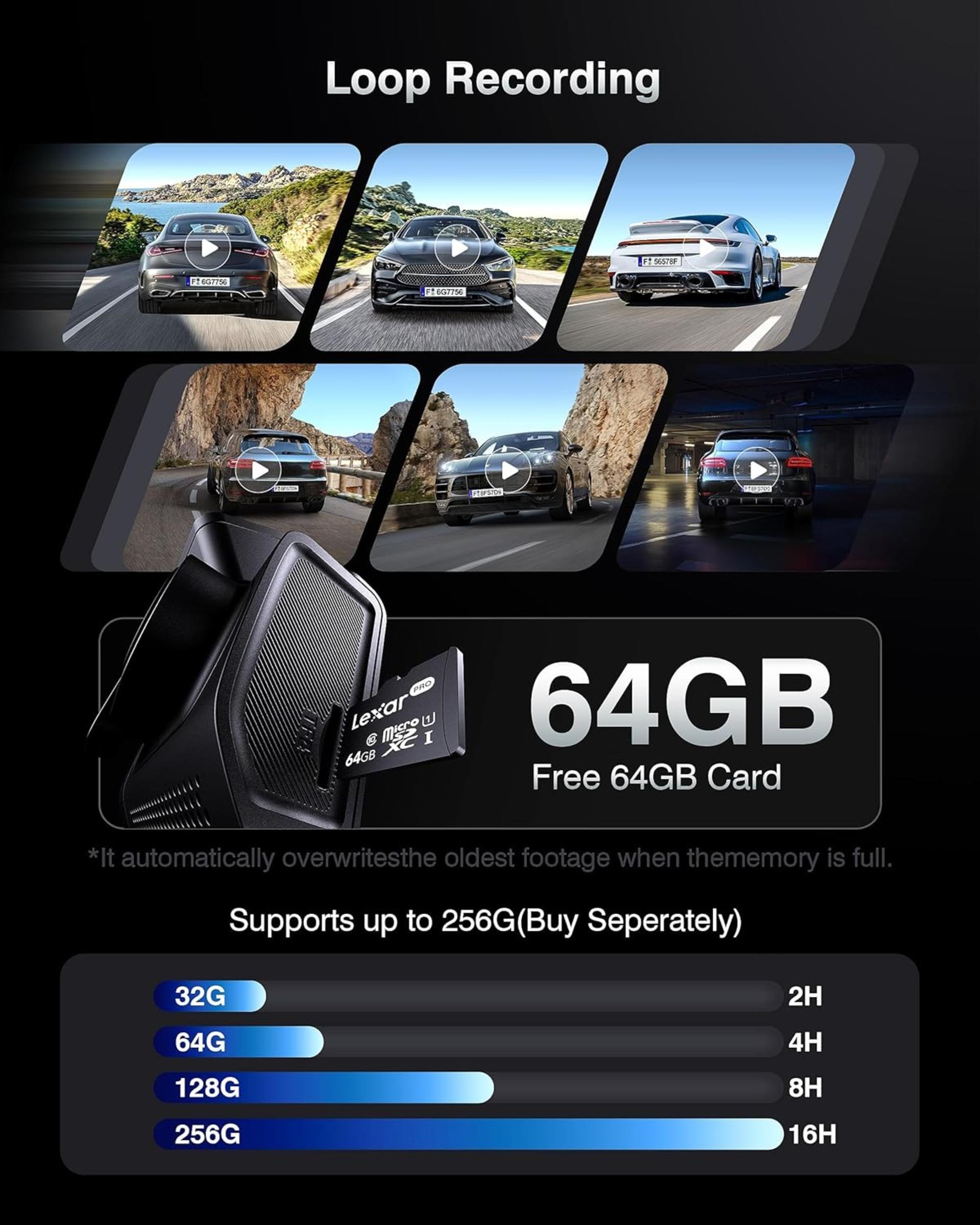 4K+2K Dual Dash Cam Front and Rear with 5.8G Wi-Fi, GPS, and 64GB Card - 5