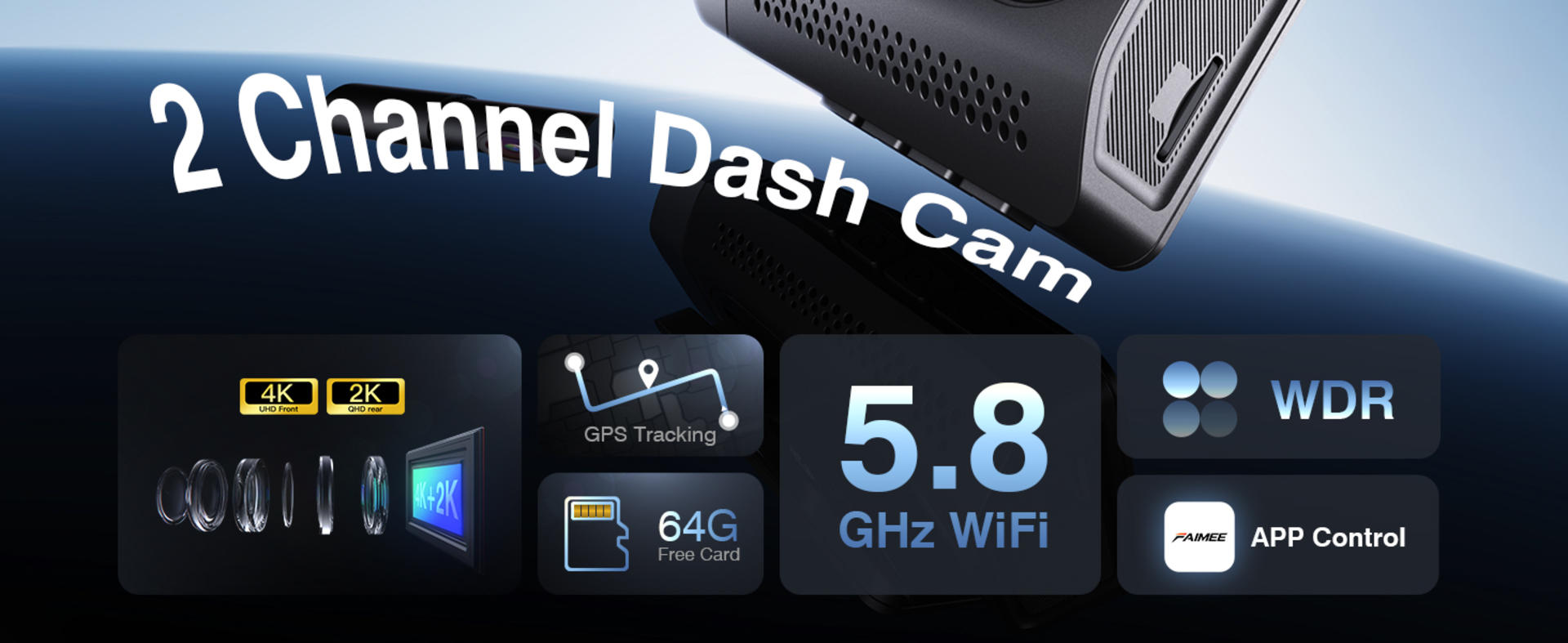 4K+2K Dual Dash Cam Front and Rear with 5.8G Wi-Fi, GPS, and 64GB Card detail 2