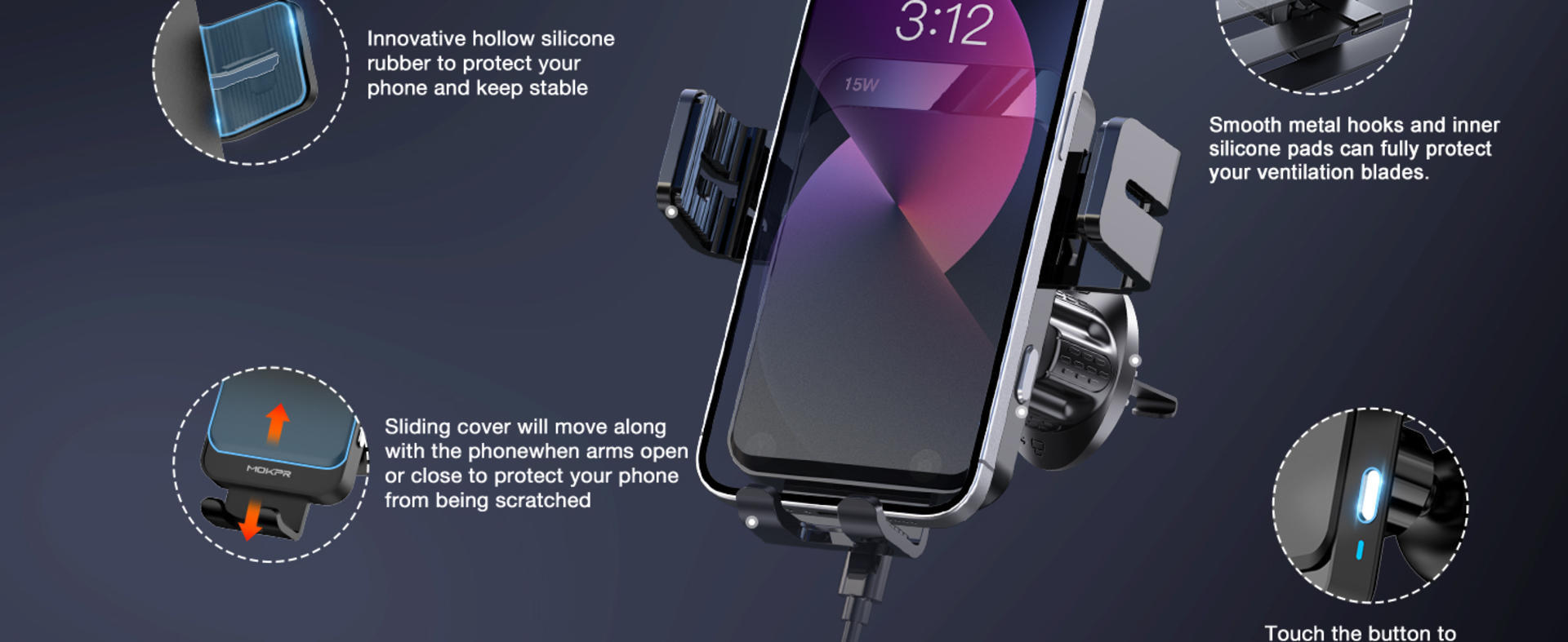 Universal Auto-Clamping Wireless Car Charger Mount, 15W Fast Charging Air Vent Phone Holder detail 4