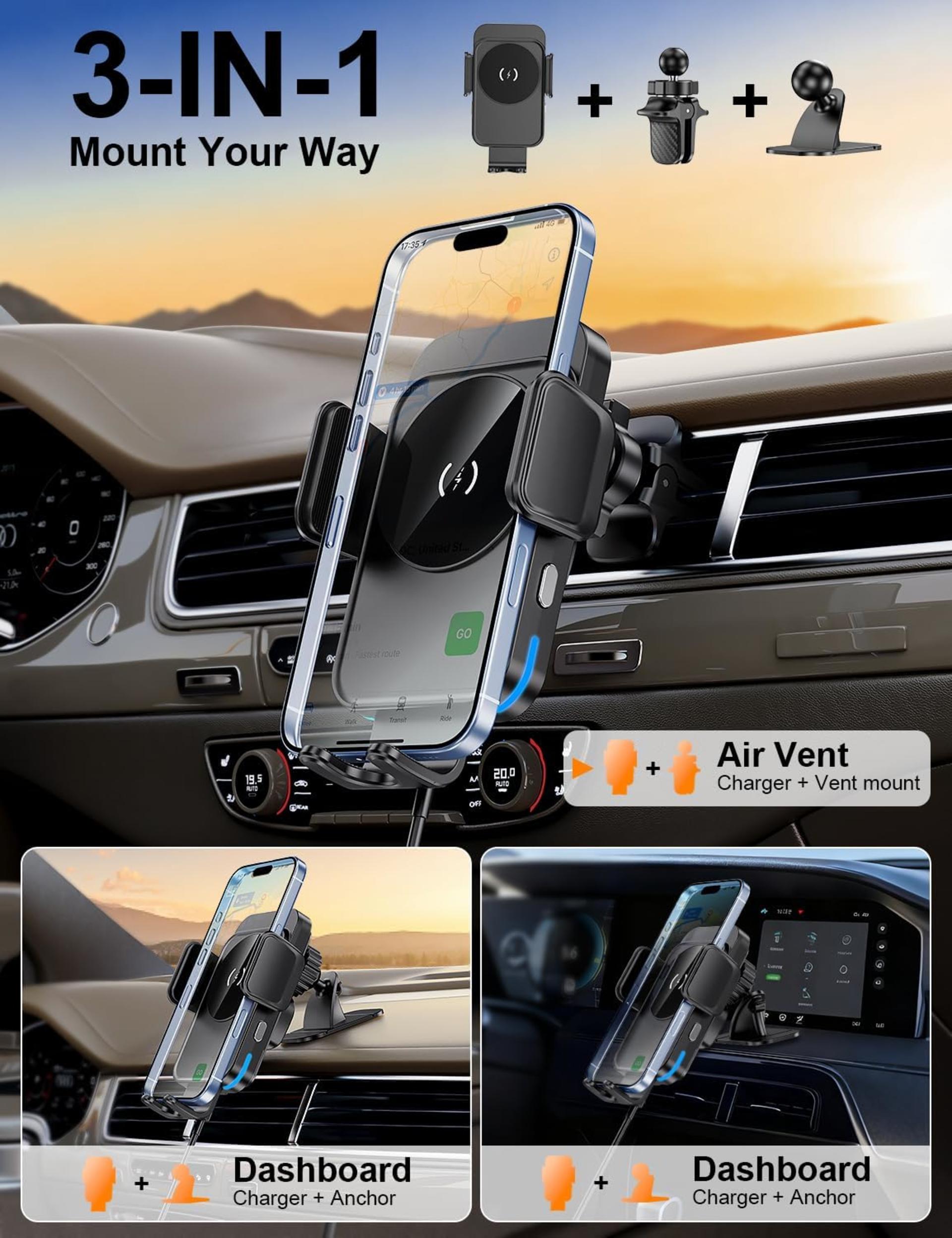 15W Fast Wireless Car Charger with Auto-Clamping and Alignment Phone Holder - 2