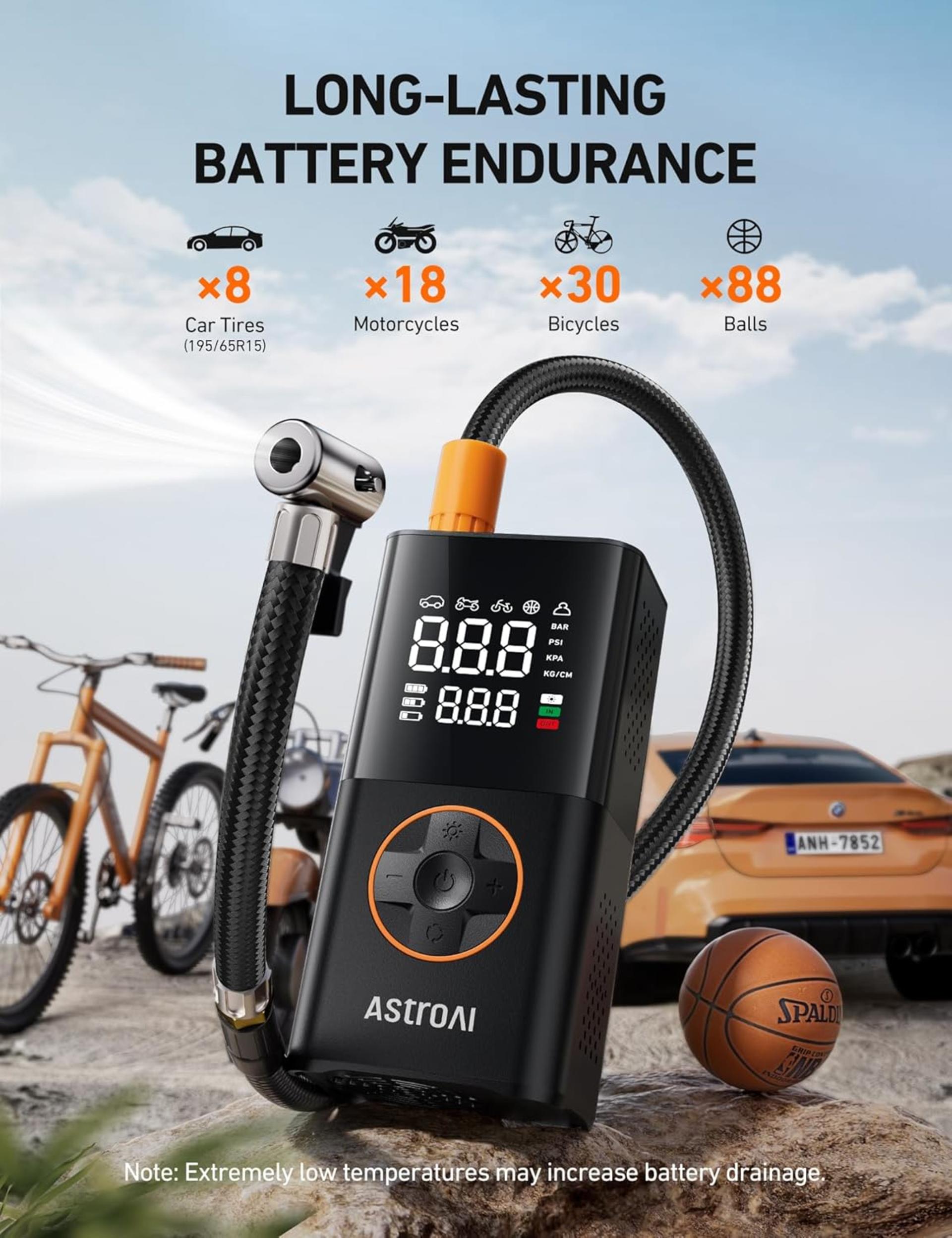 Portable Tire Inflator Air Compressor - Cordless Mini Bike Pump with Dual Digital Display - 4