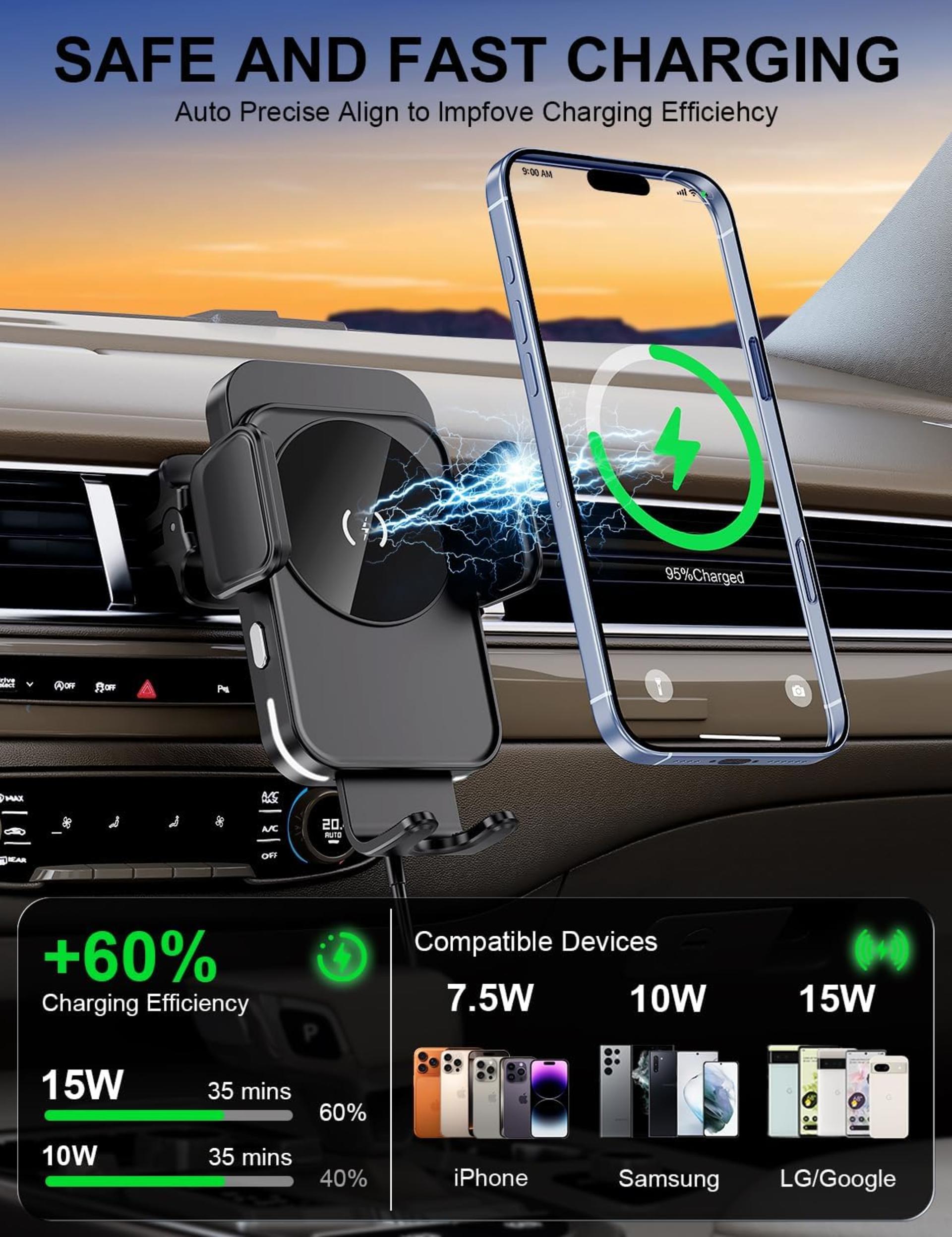 15W Fast Wireless Car Charger with Auto-Clamping and Alignment Phone Holder - 3