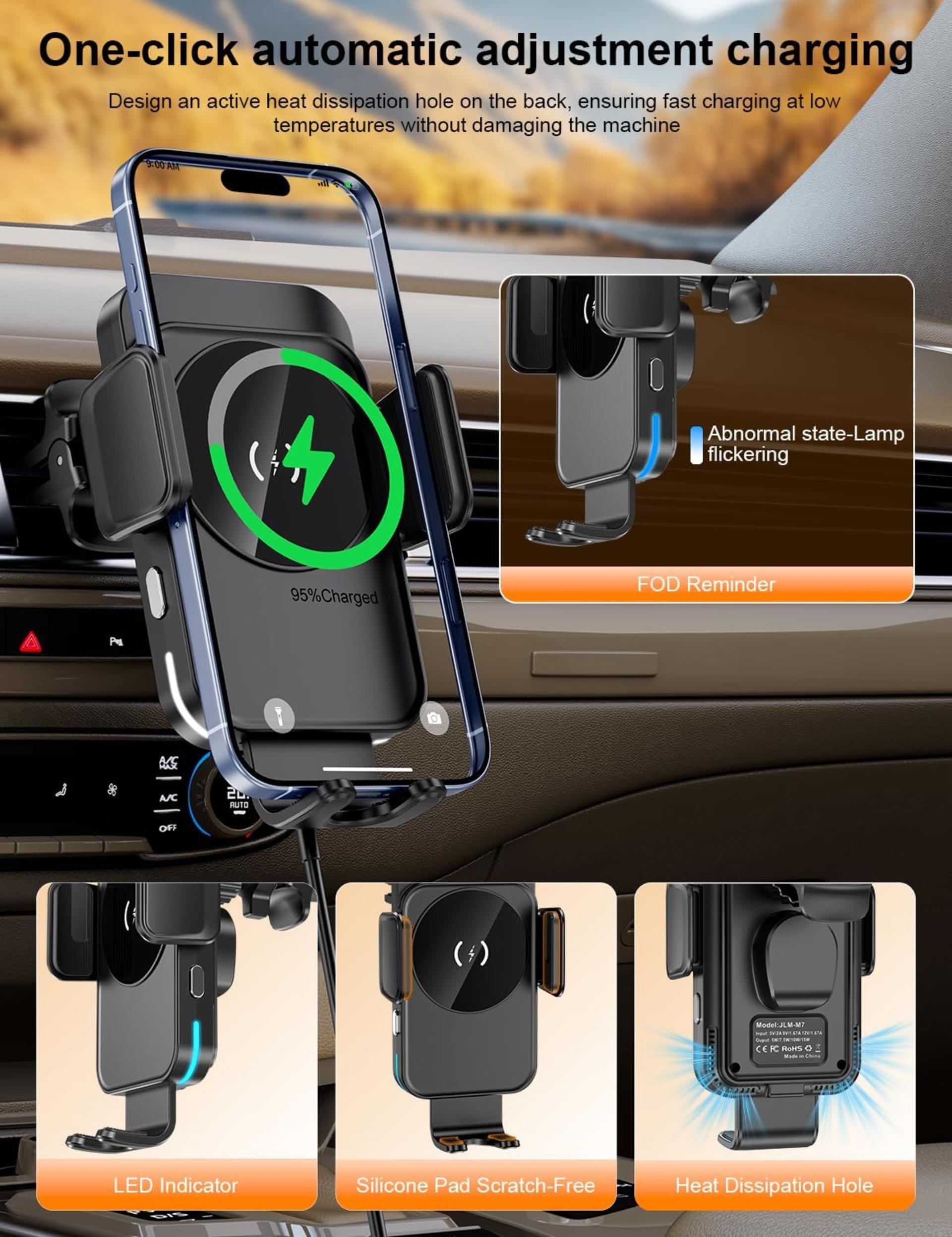 15W Fast Wireless Car Charger with Auto-Clamping and Alignment Phone Holder - 6