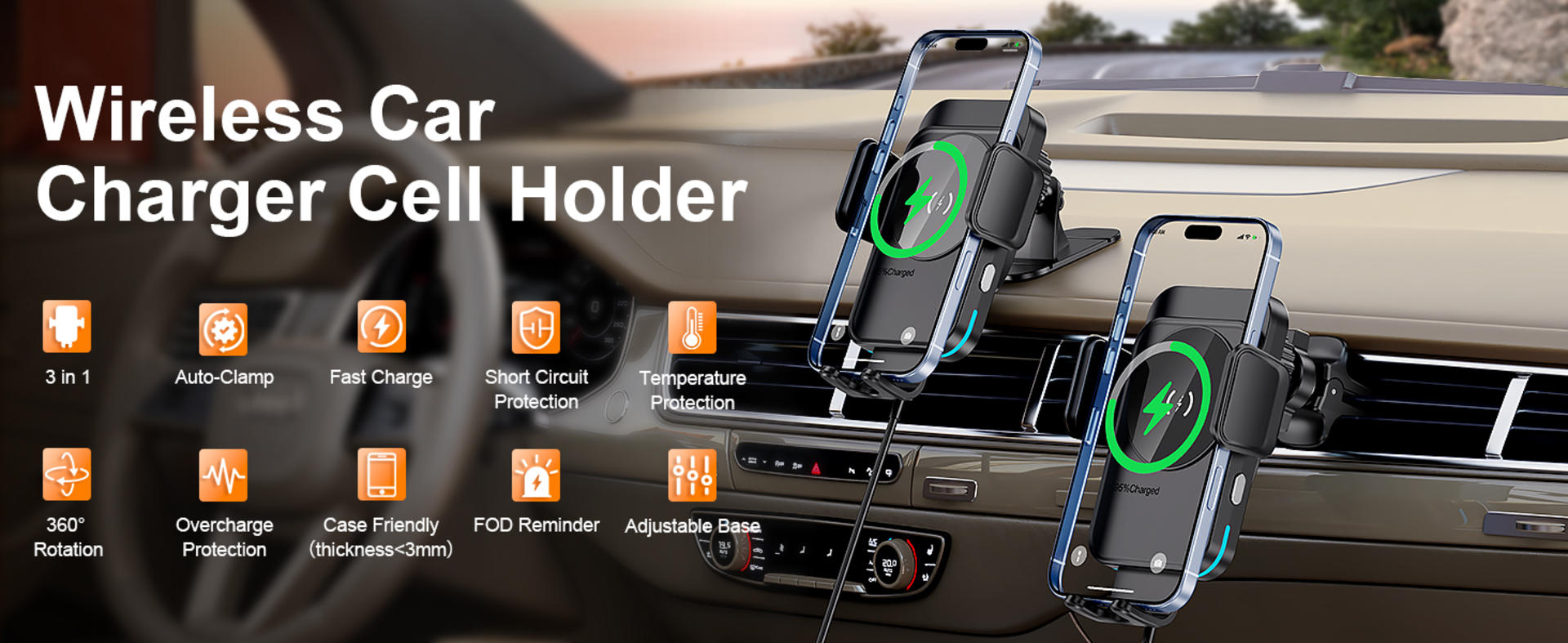 15W Fast Wireless Car Charger with Auto-Clamping and Alignment Phone Holder detail 1