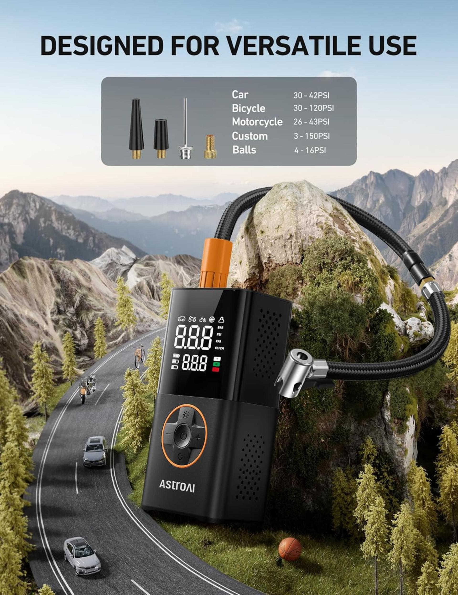 Portable Tire Inflator Air Compressor - Cordless Mini Bike Pump with Dual Digital Display - 10