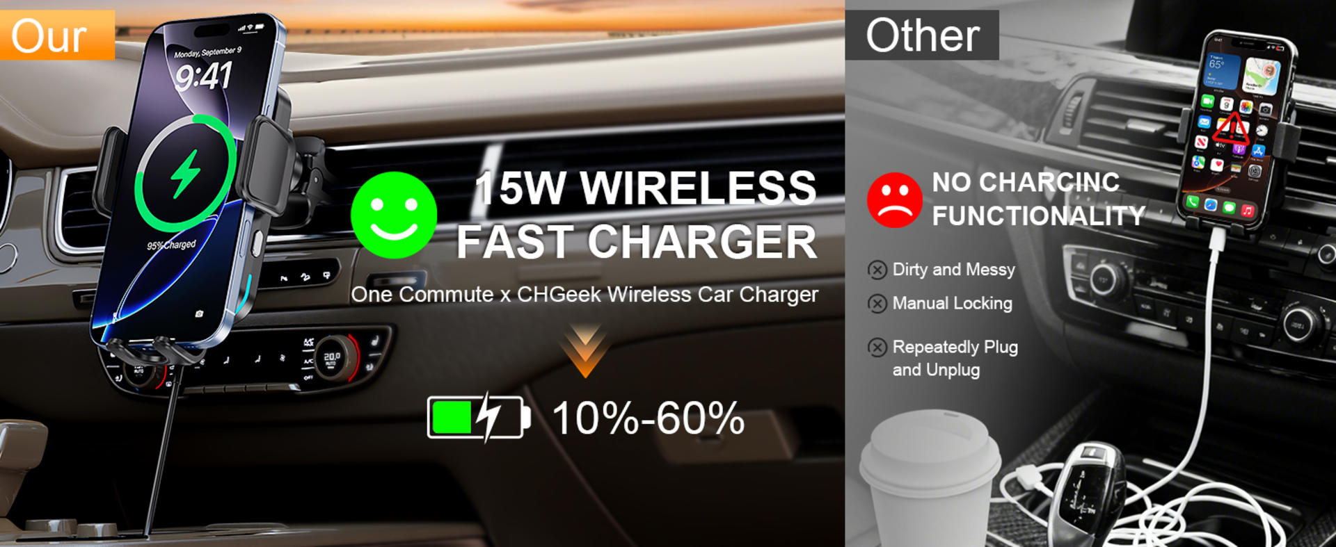 15W Fast Wireless Car Charger with Auto-Clamping and Alignment Phone Holder detail 2