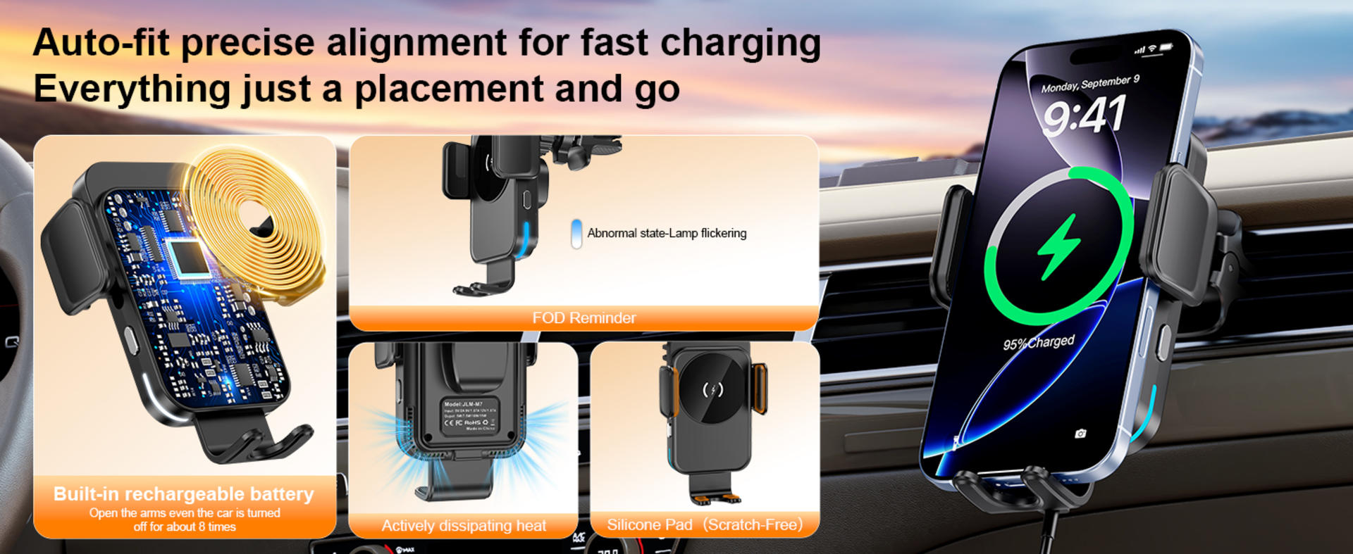 15W Fast Wireless Car Charger with Auto-Clamping and Alignment Phone Holder detail 5