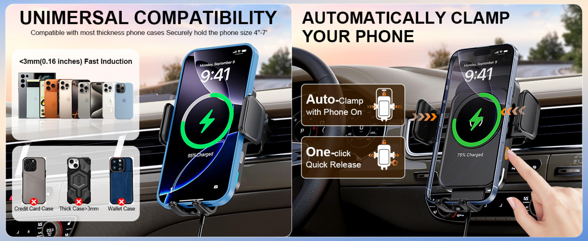 15W Fast Wireless Car Charger with Auto-Clamping and Alignment Phone Holder detail 7