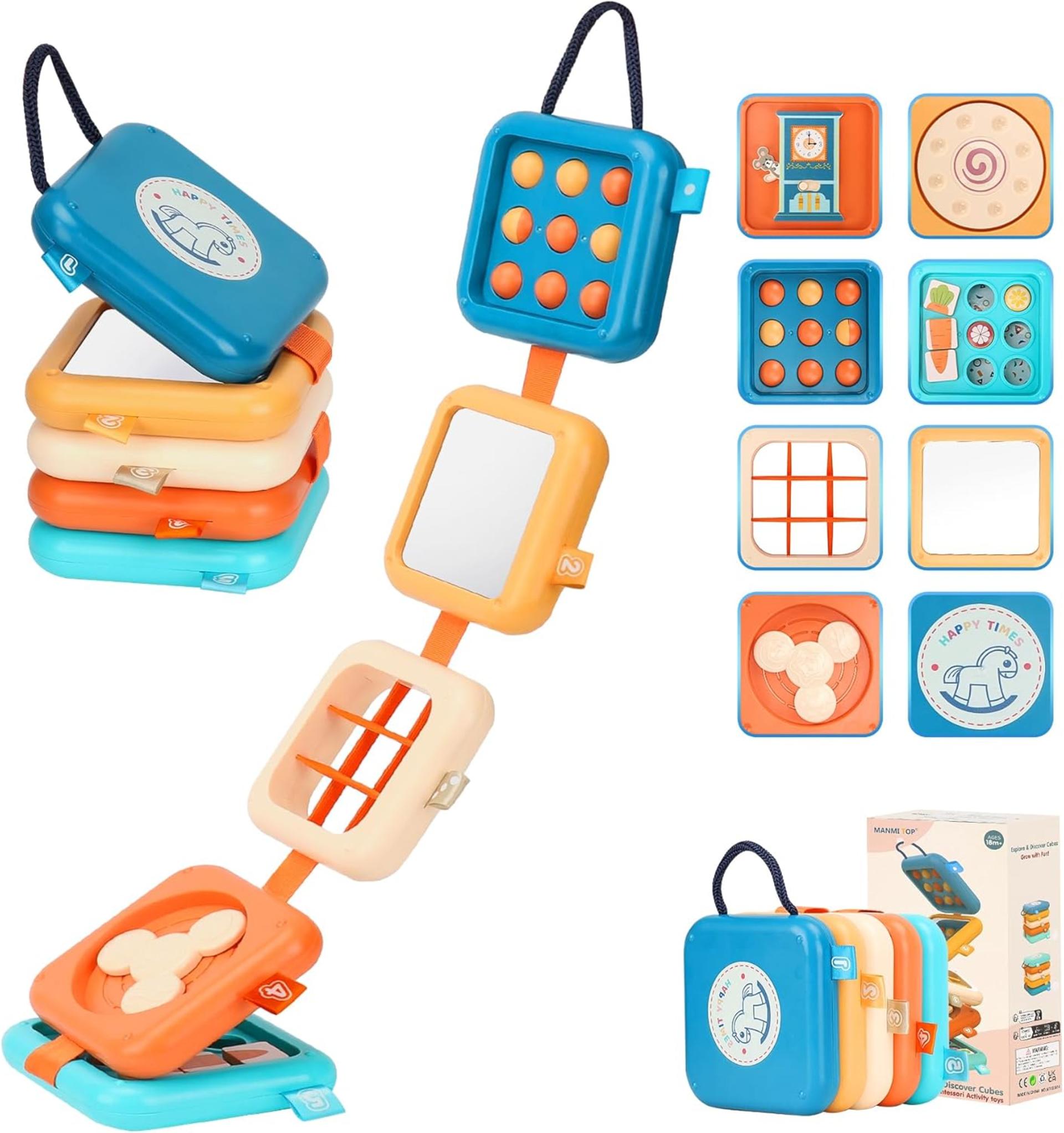 Montessori Busy Board for 1 Year Old, Travel Sensory Cube for Toddlers 1-3