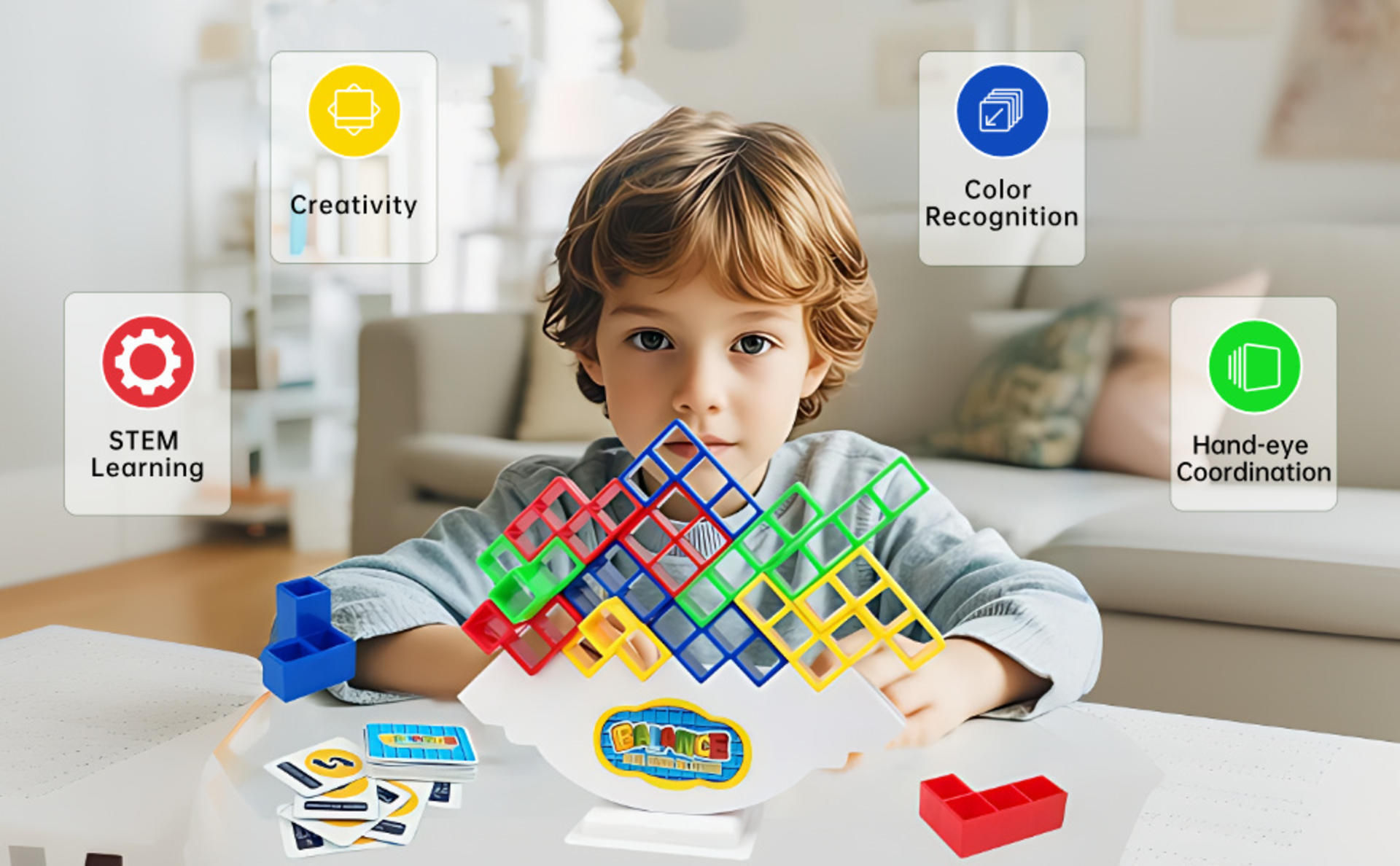 64 Pcs Stacking Tower Game with 22 Cards, Giant Tumble Balance Game for Kids and Adults detail 3